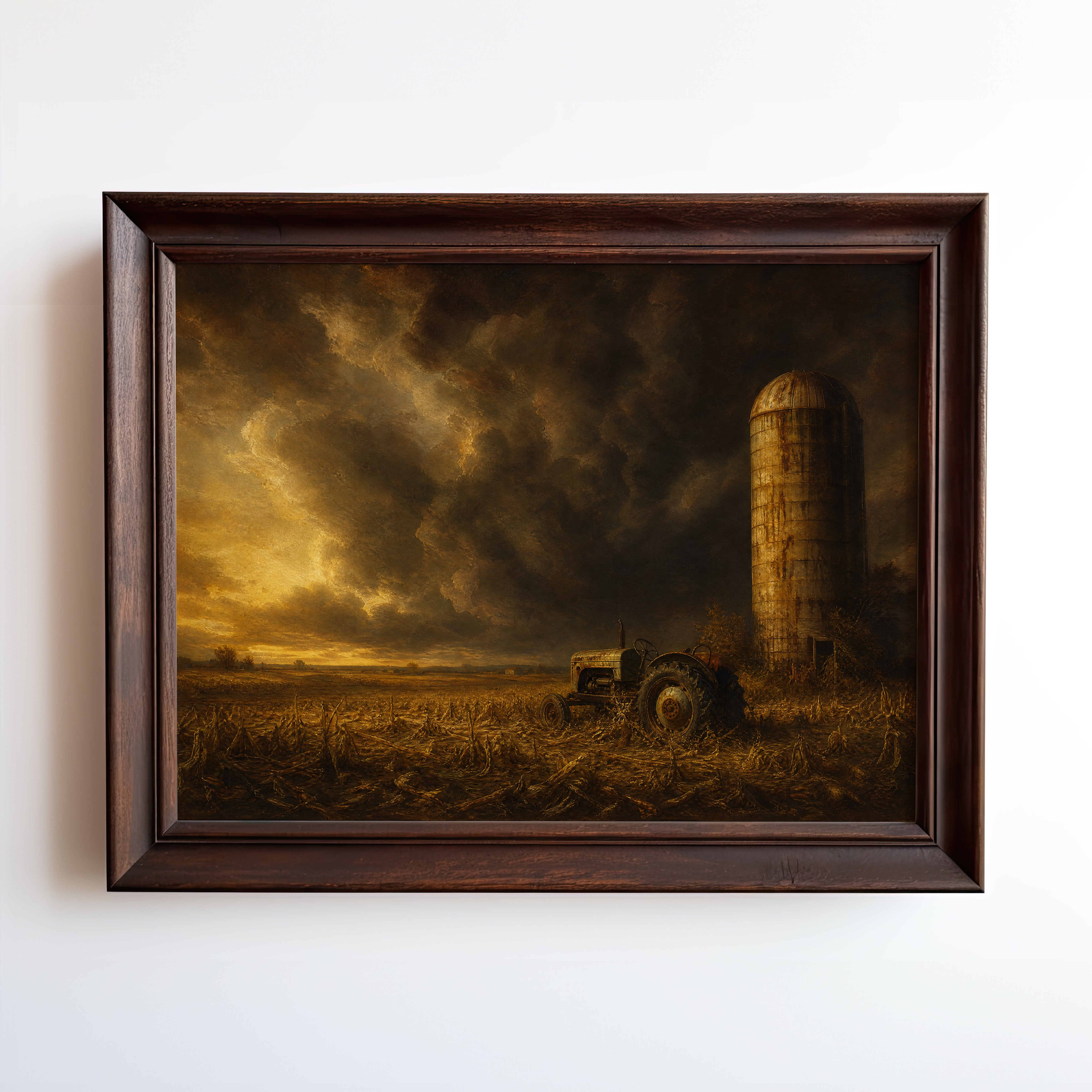 Oil painting of an abandoned tractor and weathered grain silo under storm clouds