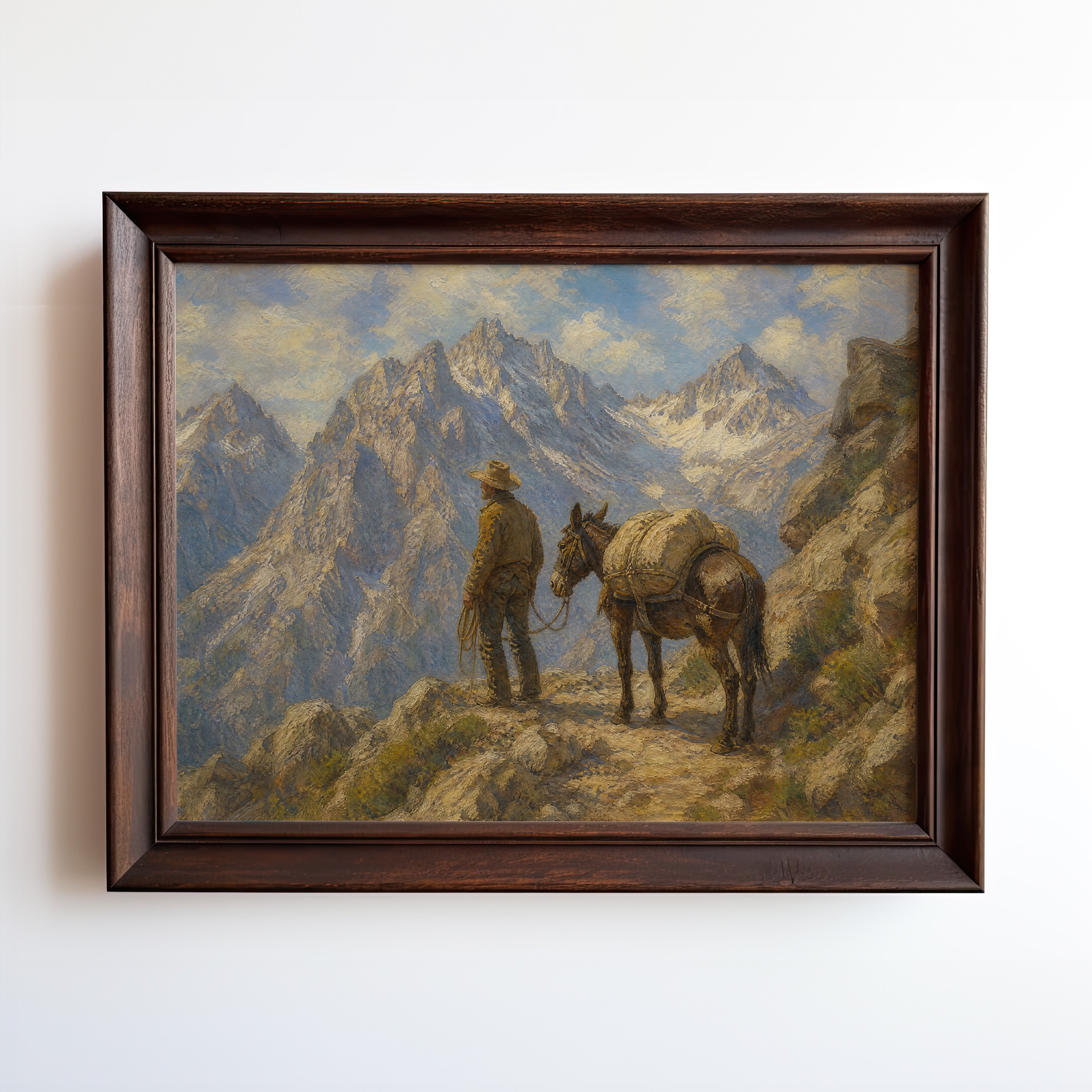Oil painting print of cowboy and pack horse overlooking golden alpine valley