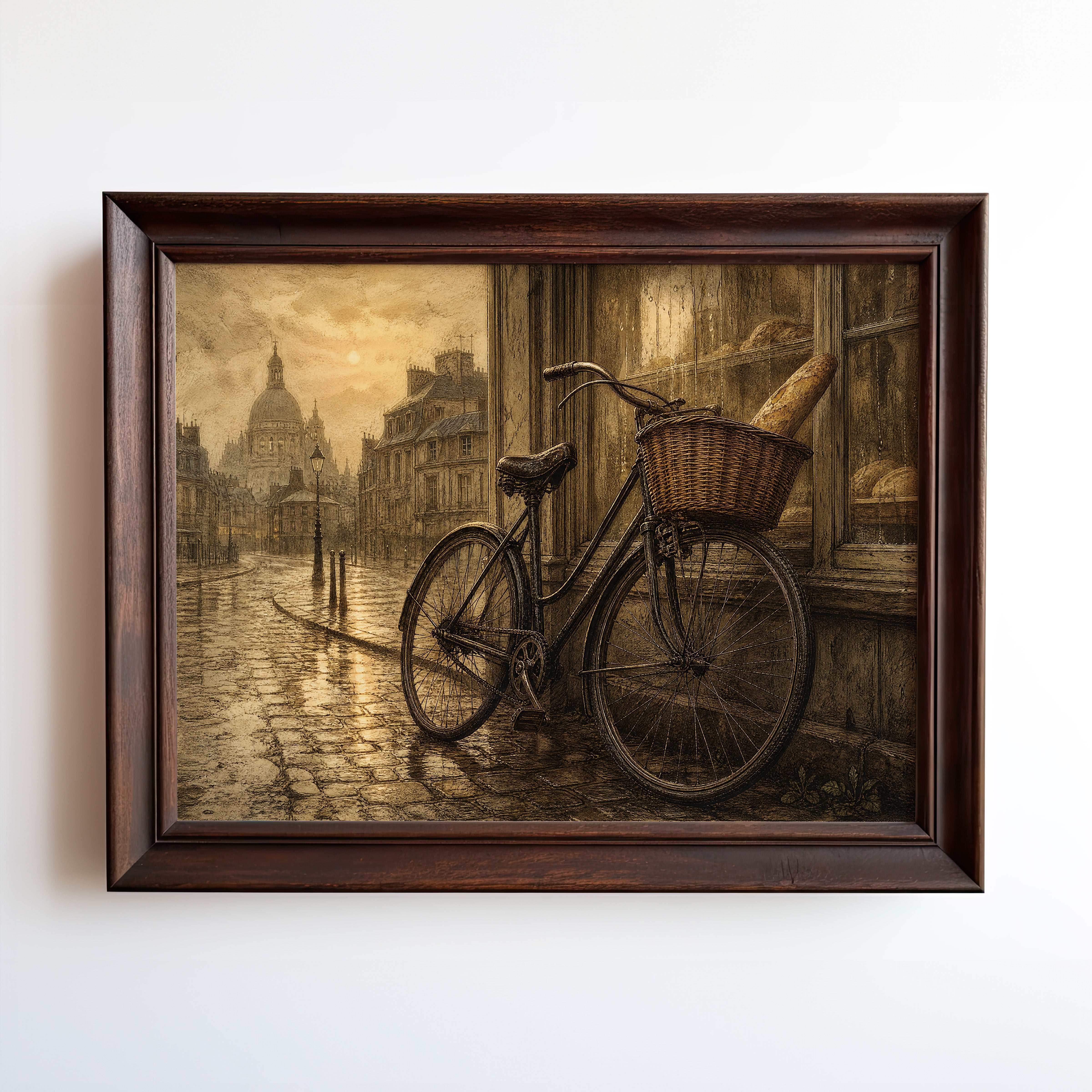 Etching print of vintage bicycle with wicker basket on wet London street near St. Paul's Cathedral