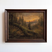 Oil painting of a lynx on a mossy log in misty forest at golden sunset