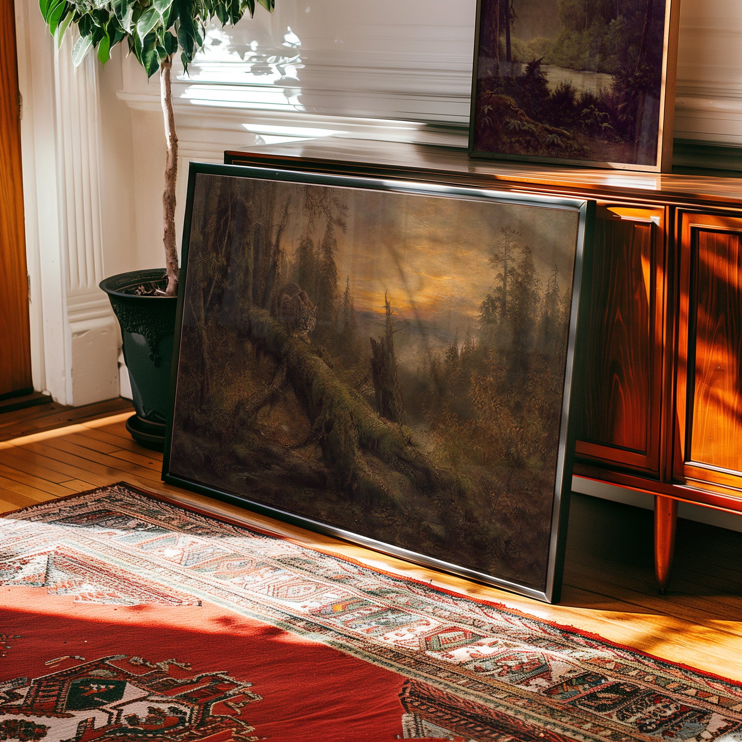Oil painting of a lynx on a mossy log in misty forest at golden sunset — view 2