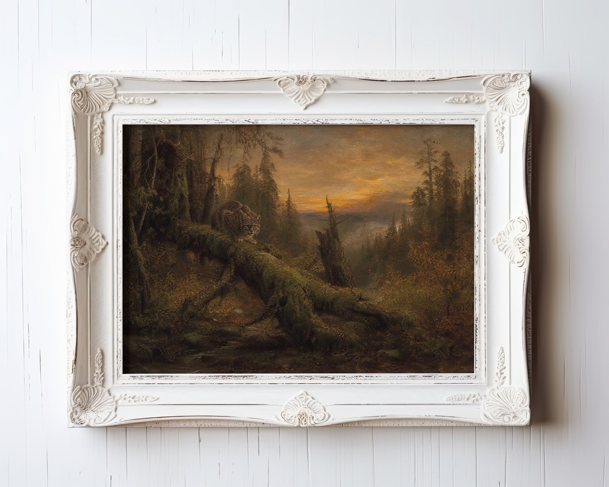 Oil painting of a lynx on a mossy log in misty forest at golden sunset — view 3
