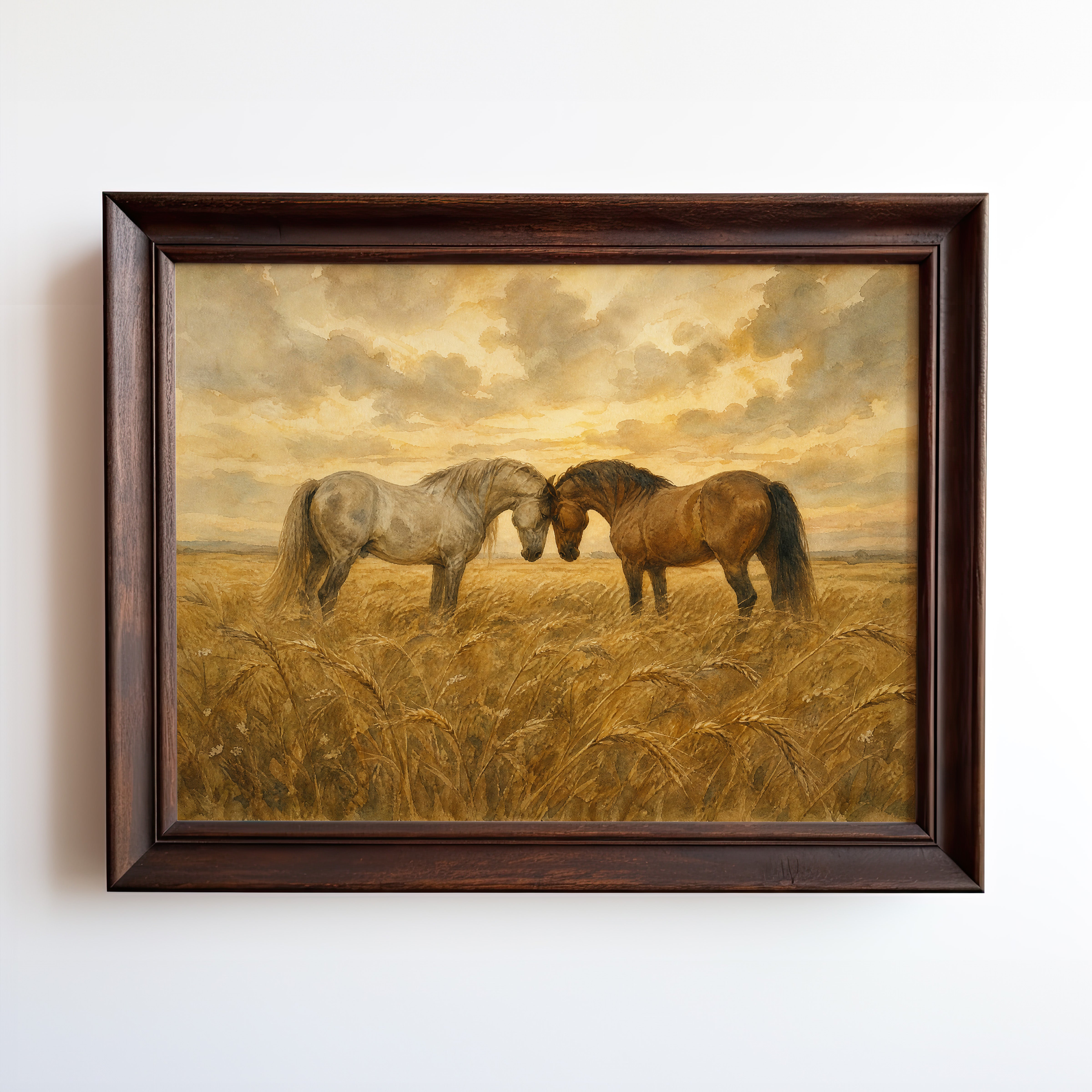 Oil painting of two horses touching foreheads in a golden wheat field