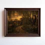 Weeping willow forest path oil painting print with glowing pagoda at golden sunset