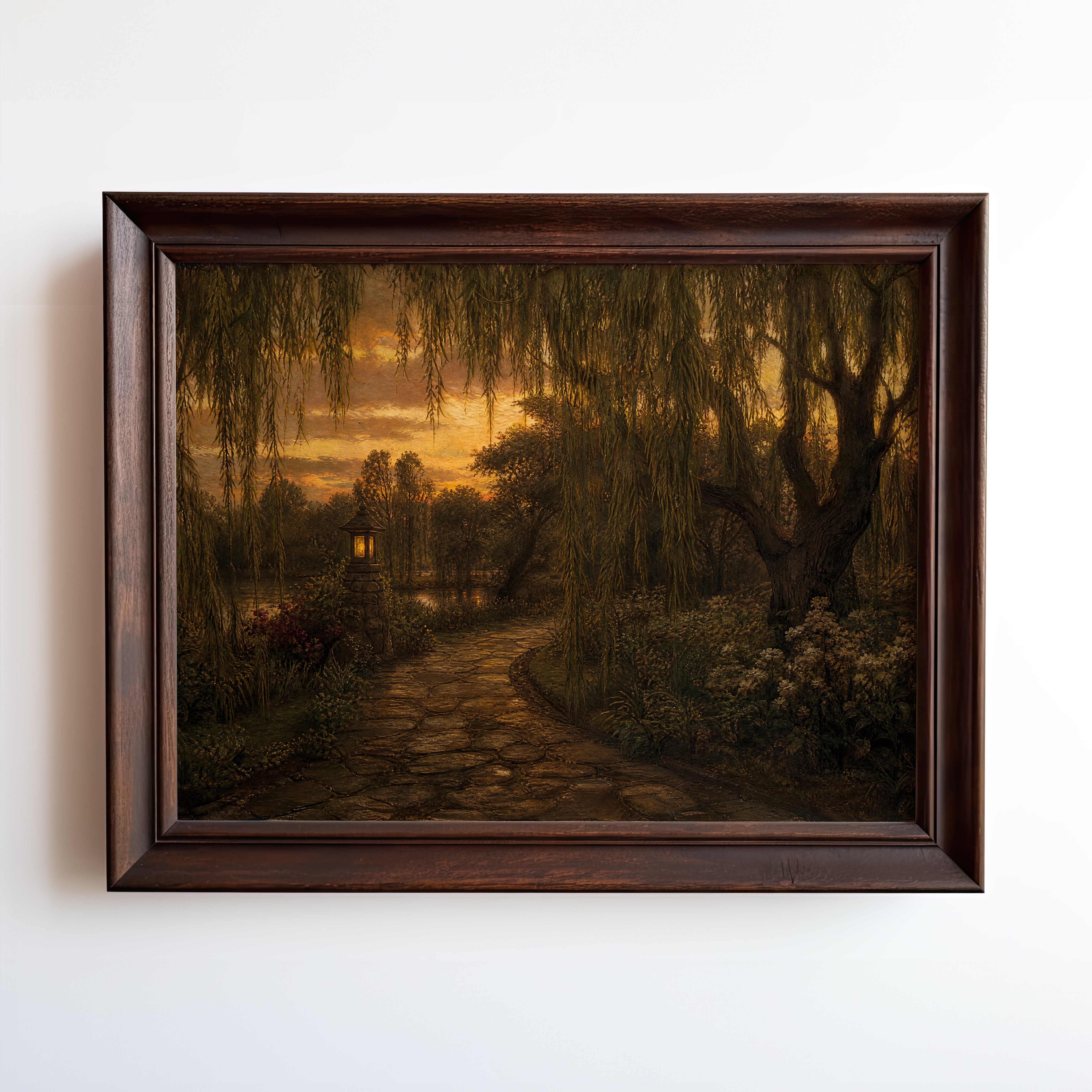 Weeping willow forest path oil painting print with glowing pagoda at golden sunset