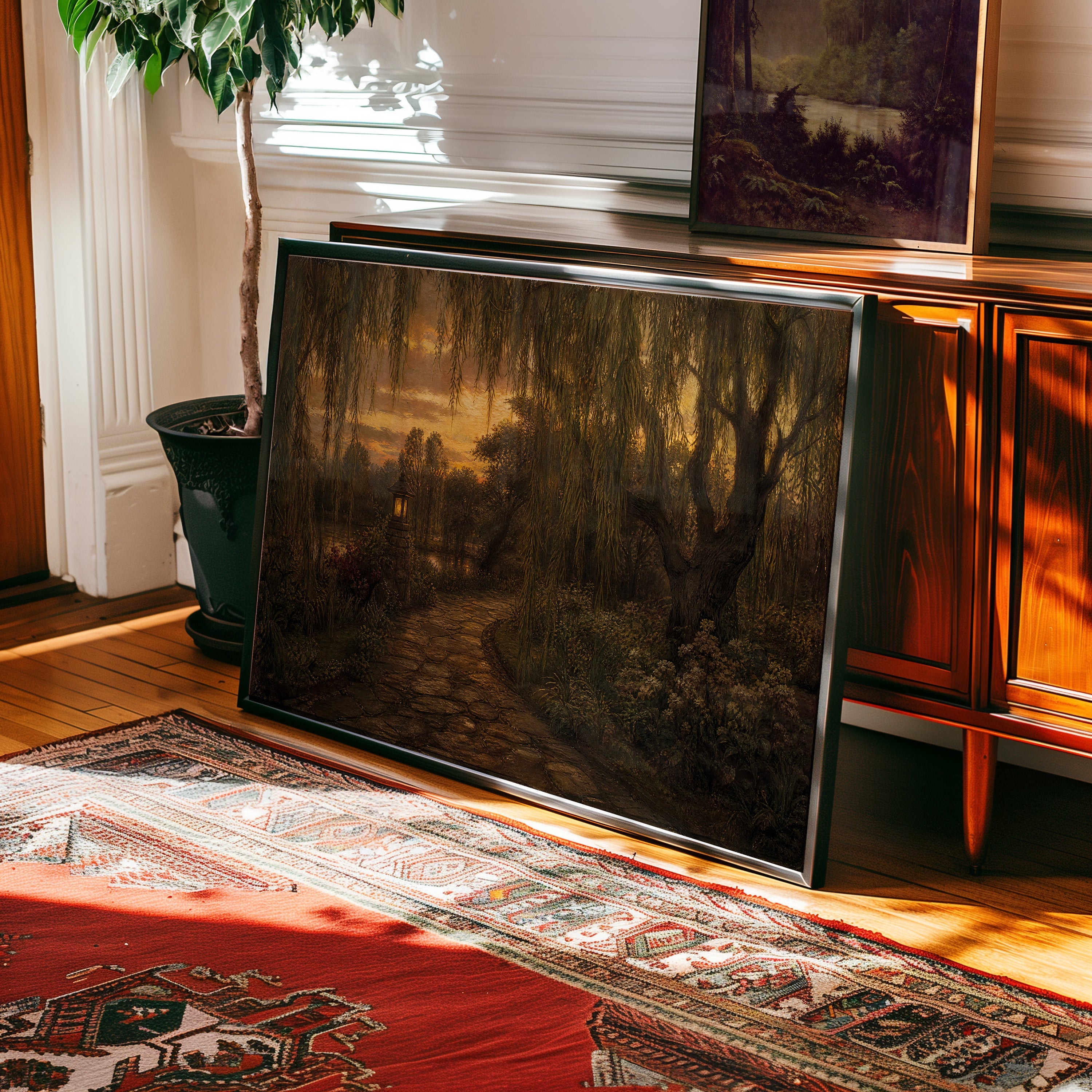 Weeping willow forest path oil painting print with glowing pagoda at golden sunset — view 2