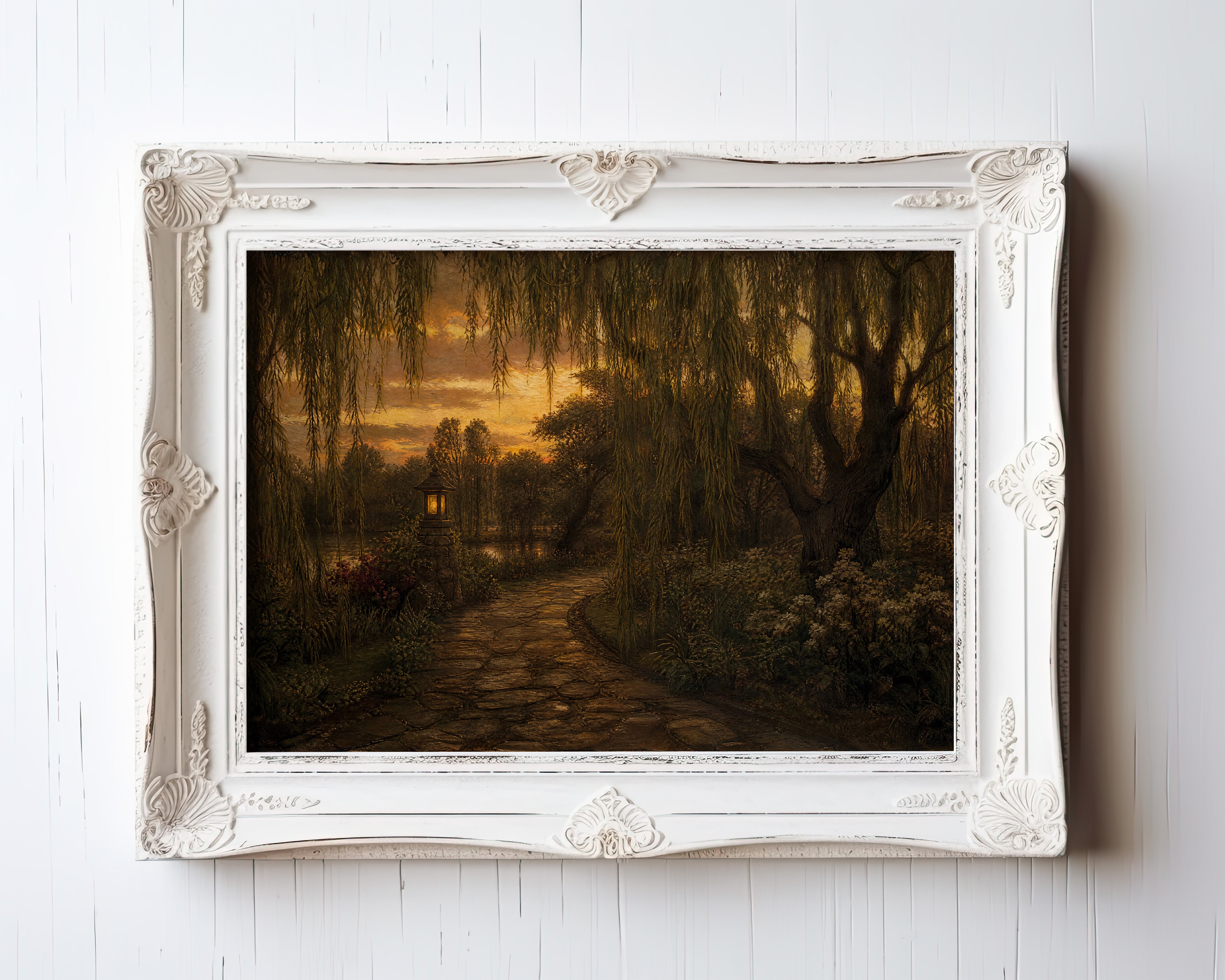 Weeping willow forest path oil painting print with glowing pagoda at golden sunset — view 3