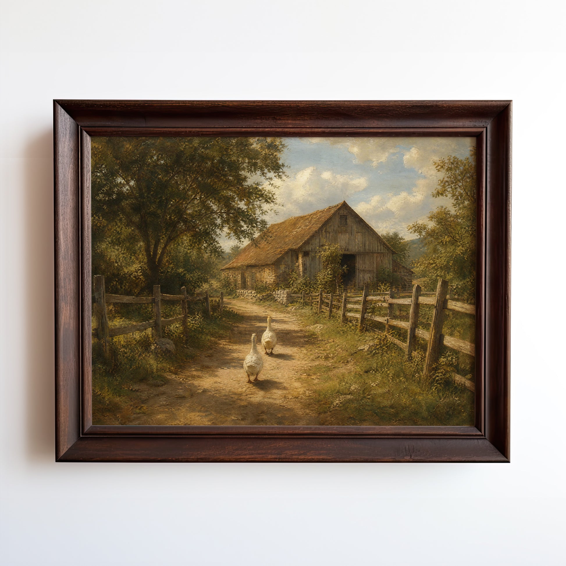 Oil painting of two geese on a dirt path leading to a rustic farmhouse with golden barn roof