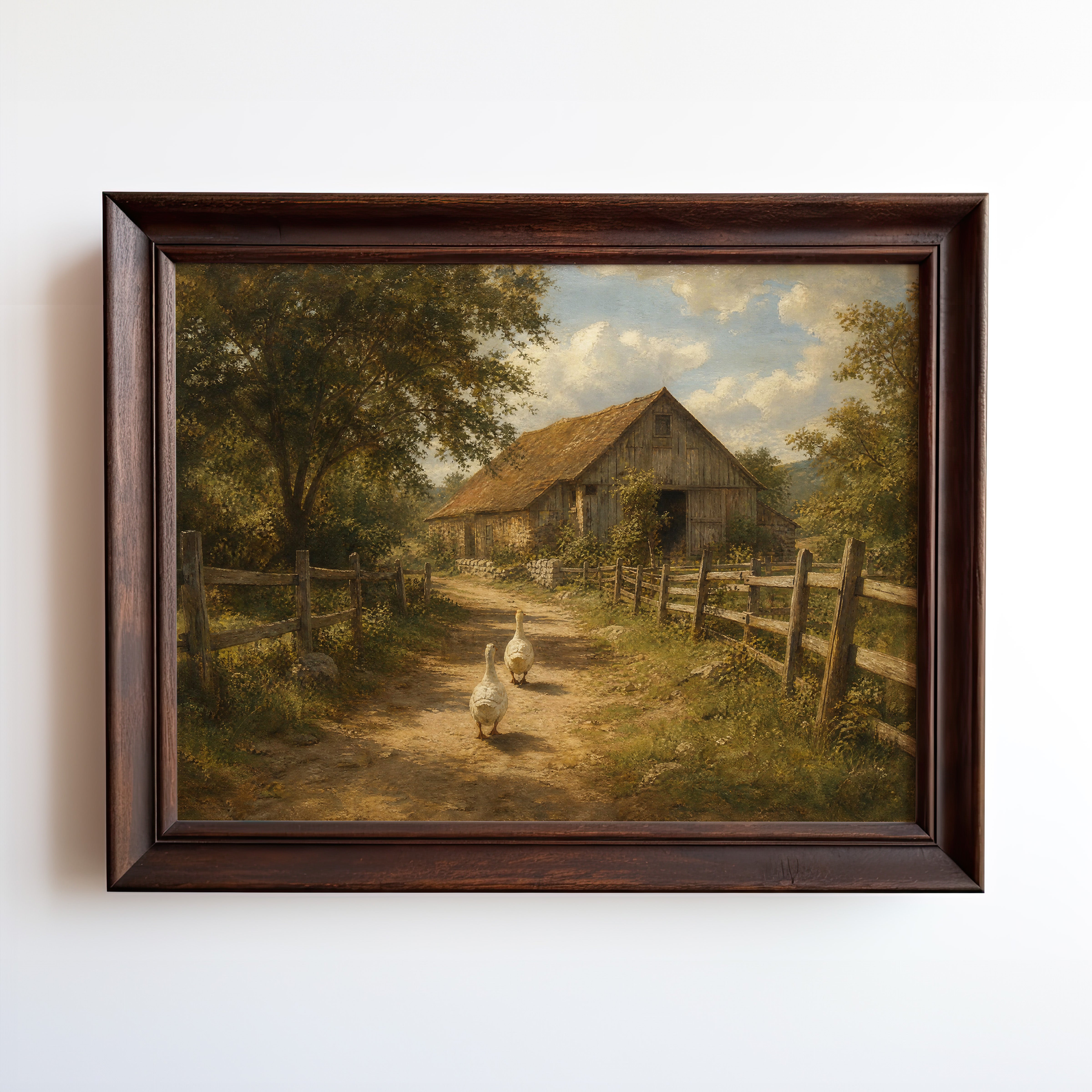 Oil painting of two geese on a dirt path leading to a rustic farmhouse with golden barn roof