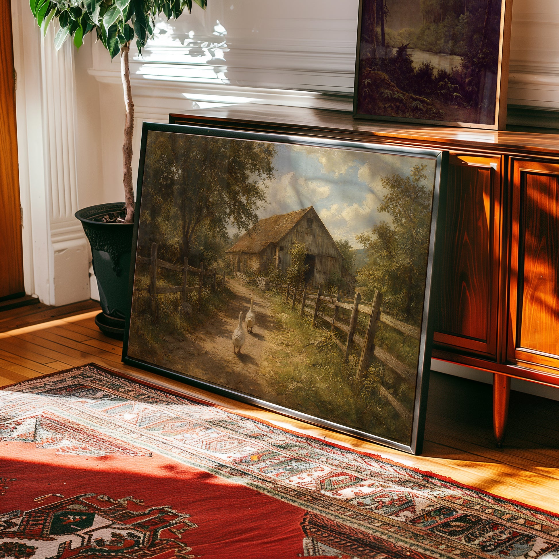 Oil painting of two geese on a dirt path leading to a rustic farmhouse with golden barn roof — view 2