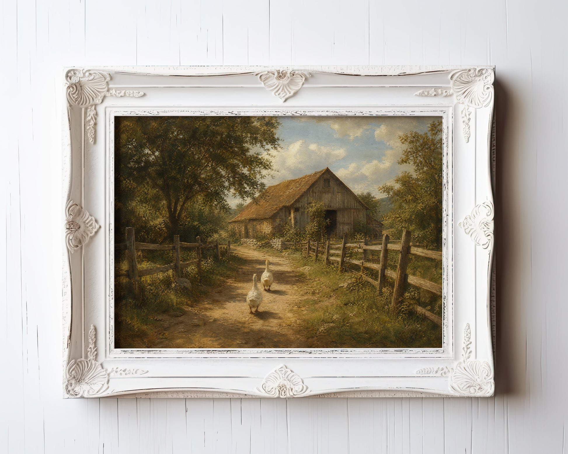 Oil painting of two geese on a dirt path leading to a rustic farmhouse with golden barn roof — view 3
