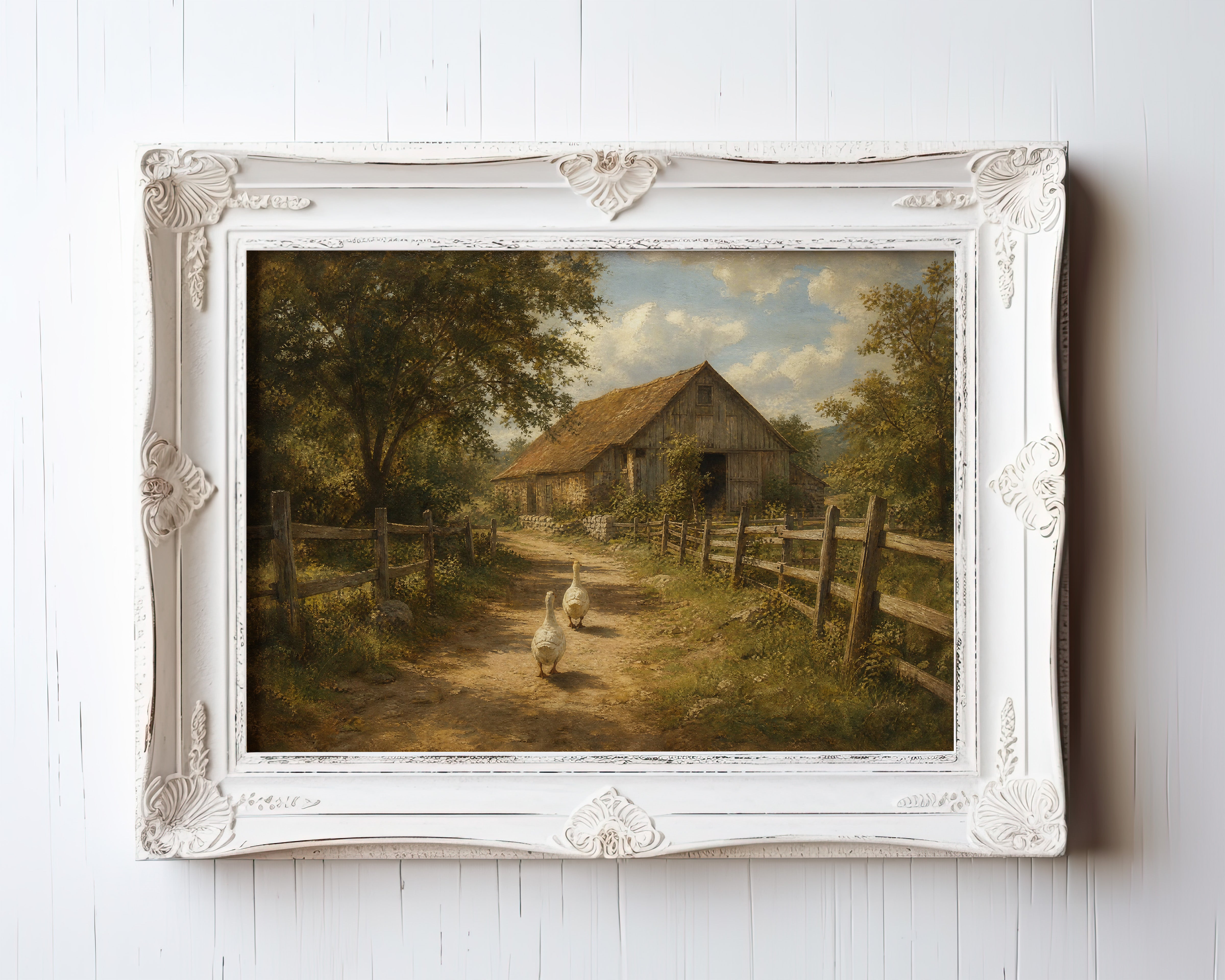 Oil painting of two geese on a dirt path leading to a rustic farmhouse with golden barn roof — view 3