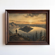 Oil painting of a lone hiker overlooking a golden sunrise over Crater Lake's volcanic caldera