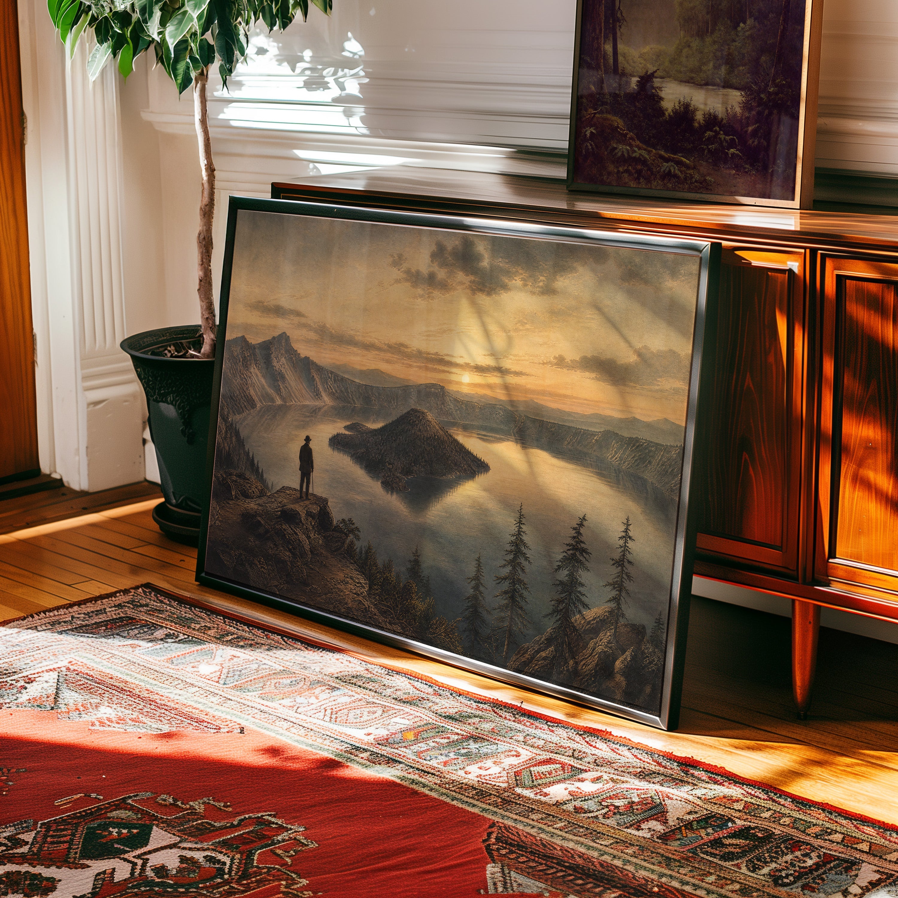 Oil painting of a lone hiker overlooking a golden sunrise over Crater Lake's volcanic caldera — view 2