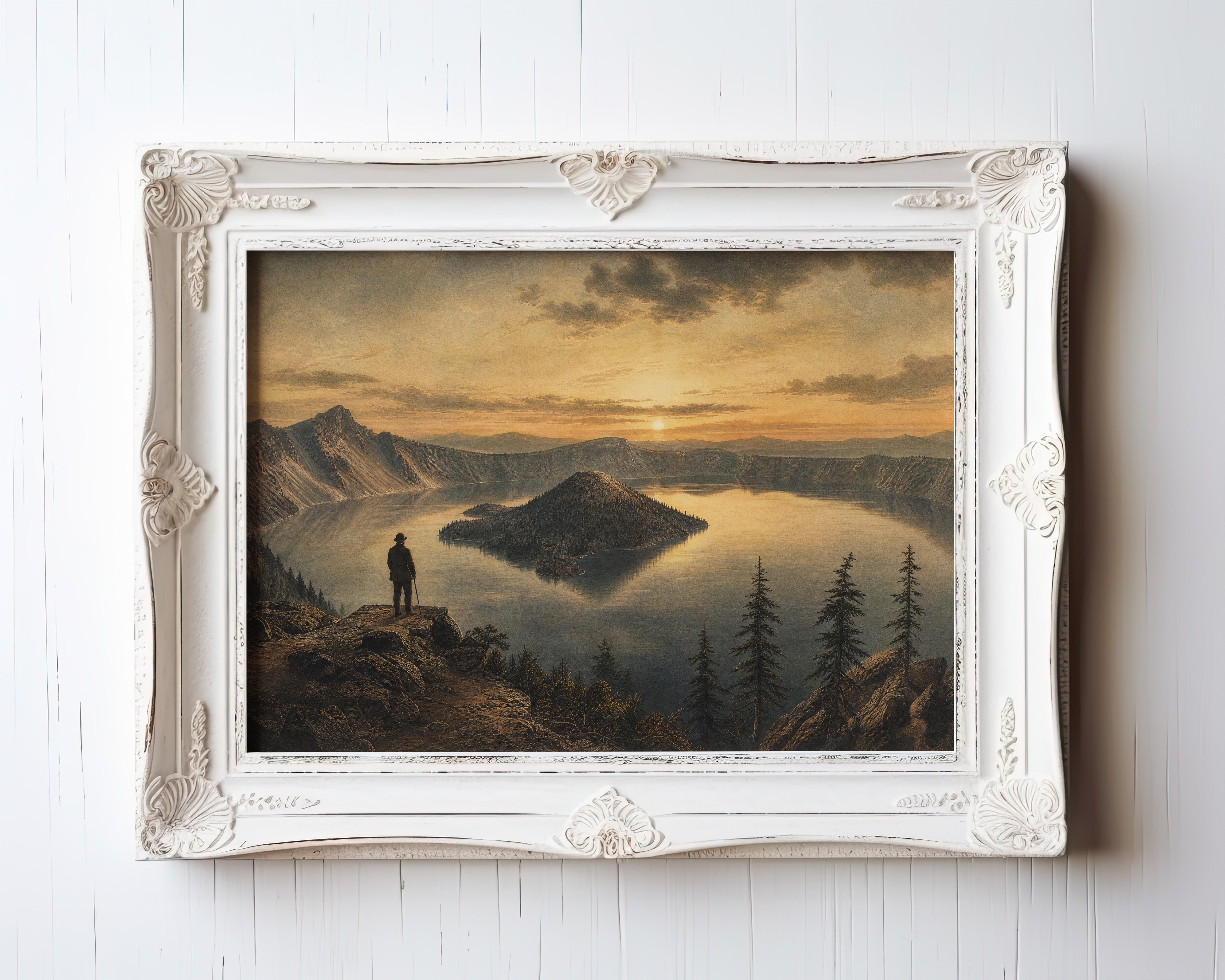 Oil painting of a lone hiker overlooking a golden sunrise over Crater Lake's volcanic caldera — view 3