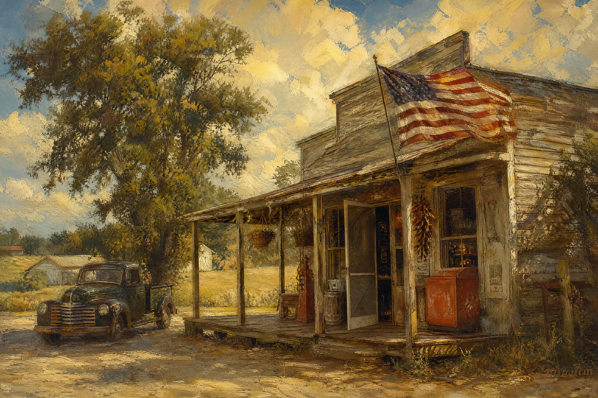 Oil painting of an abandoned gas station with vintage truck and American flag