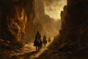 Oil painting of cowboys riding through a golden sunrise canyon
