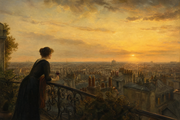 Oil painting of a woman on a wrought-iron balcony overlooking a golden sunset city skyline