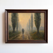 Oil painting of a cyclist riding a cypress-lined path in golden morning light