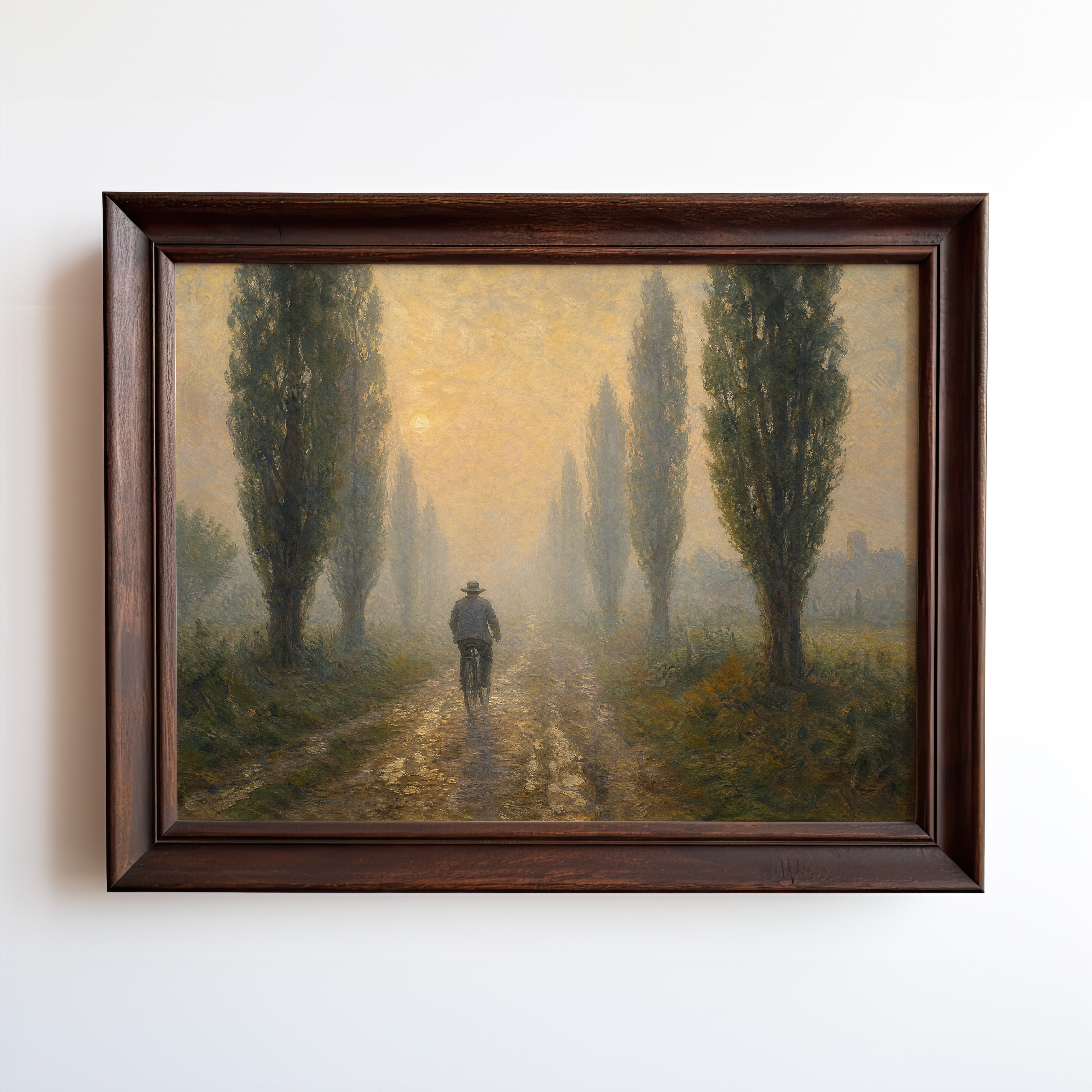 Oil painting of a cyclist riding a cypress-lined path in golden morning light
