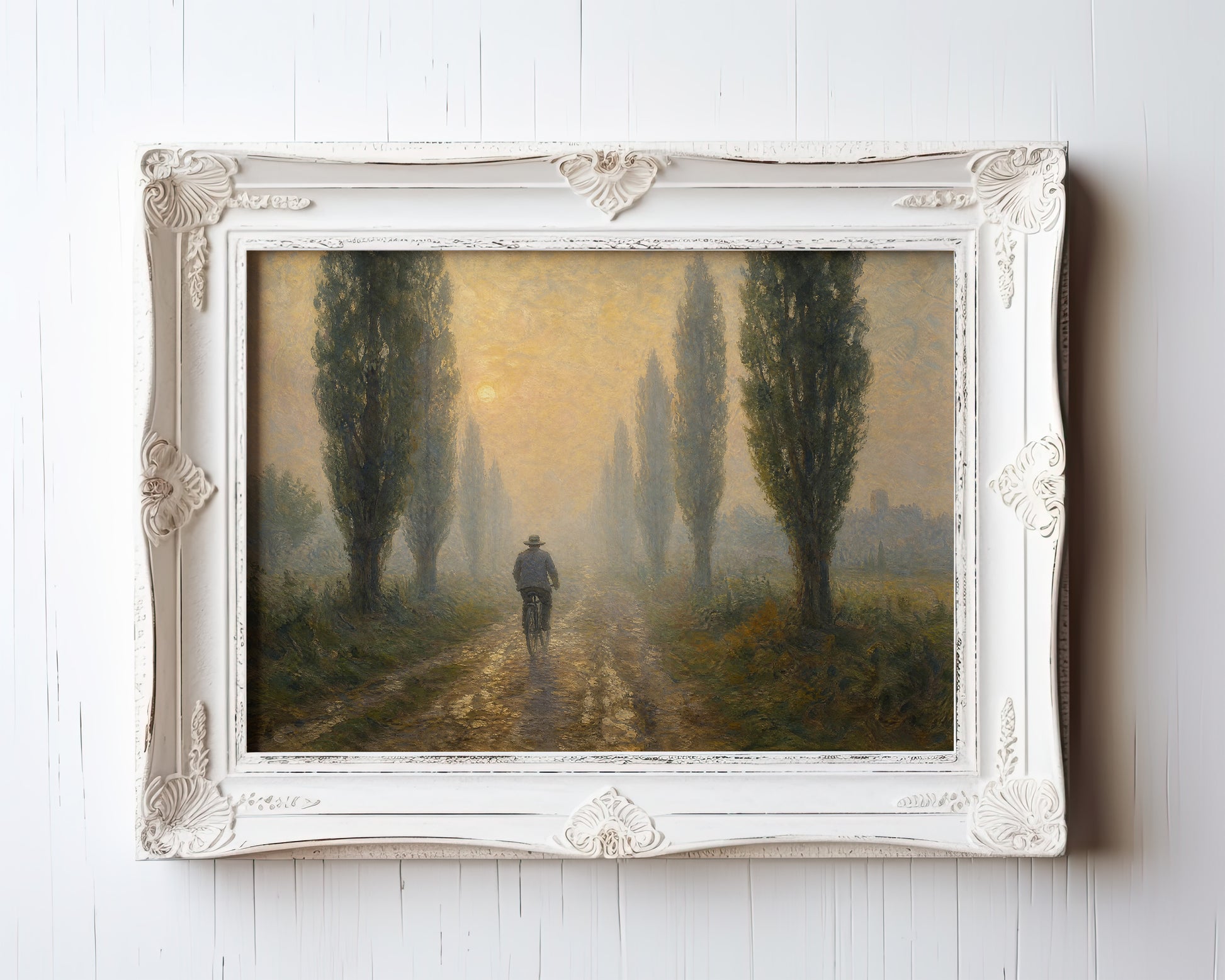 Oil painting of a cyclist riding a cypress-lined path in golden morning light — view 3