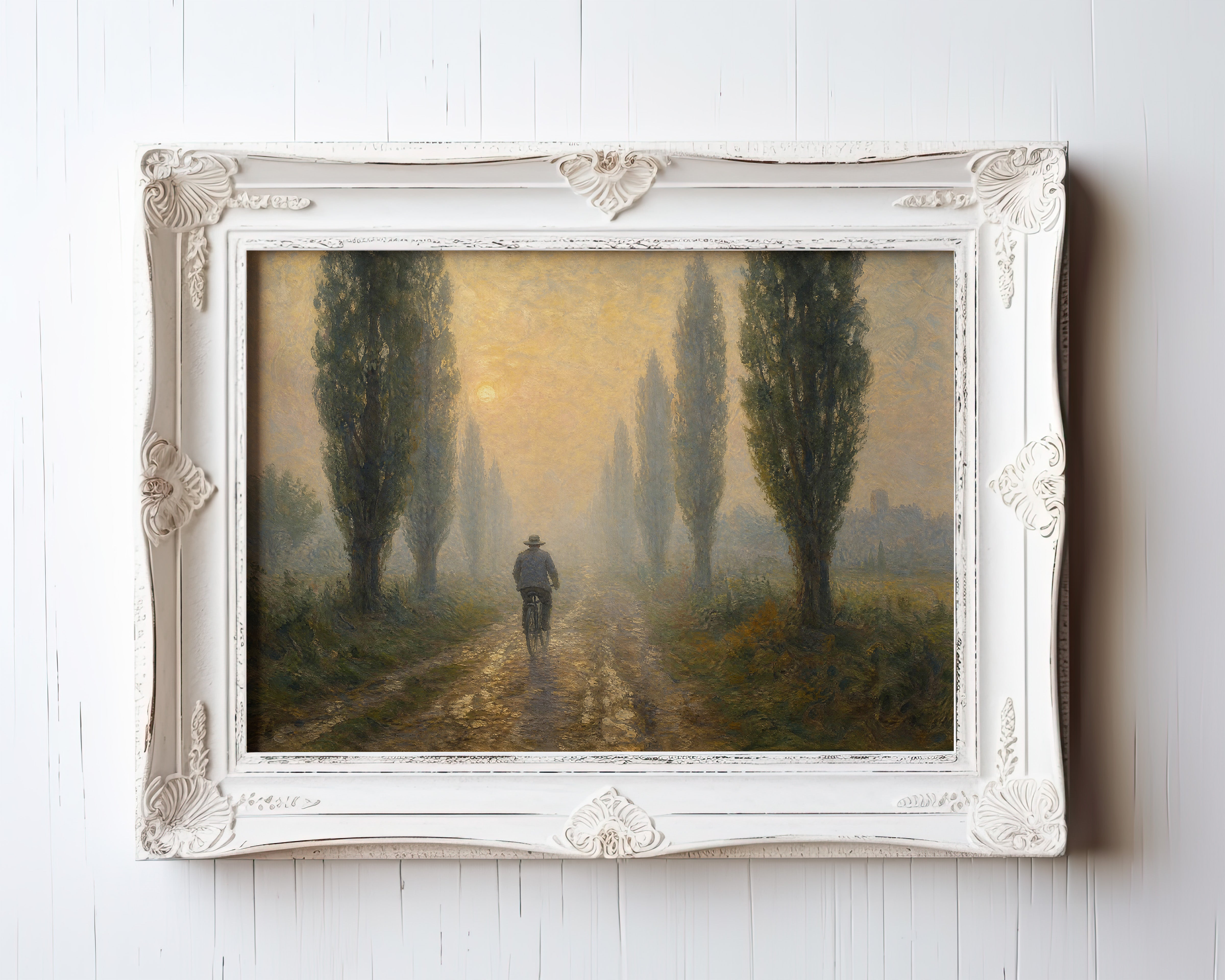Oil painting of a cyclist riding a cypress-lined path in golden morning light — view 3