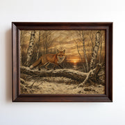 Etching-style print of a coyote in a birch forest with golden sunset over water