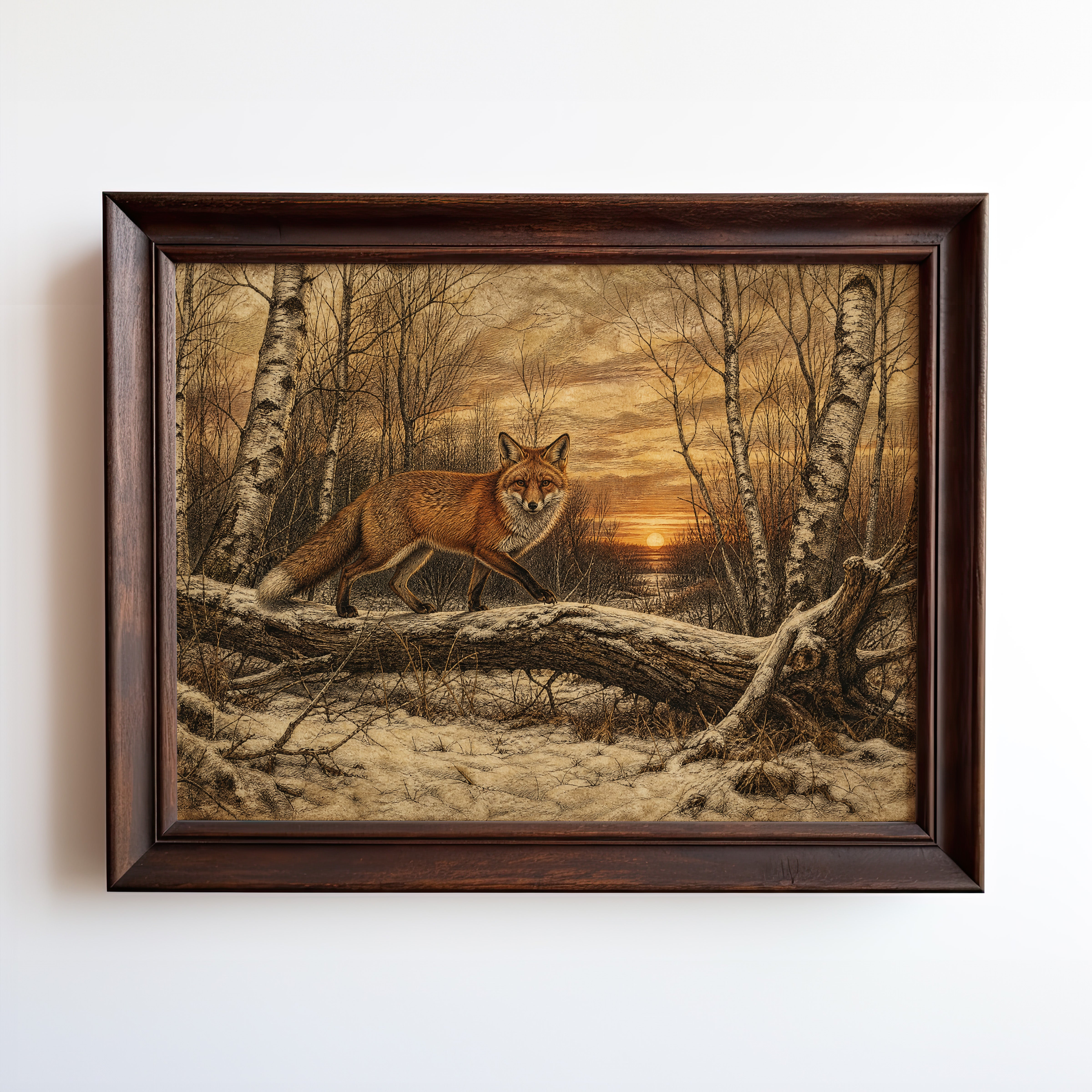 Etching-style print of a coyote in a birch forest with golden sunset over water