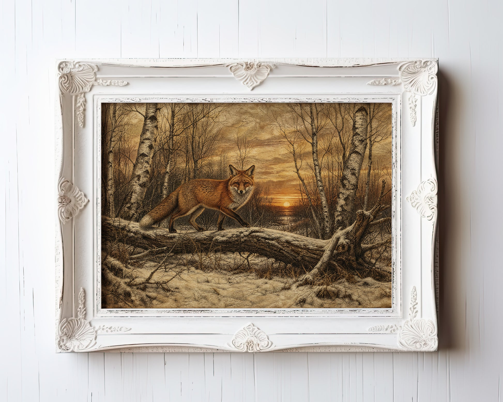 Etching-style print of a coyote in a birch forest with golden sunset over water — view 3