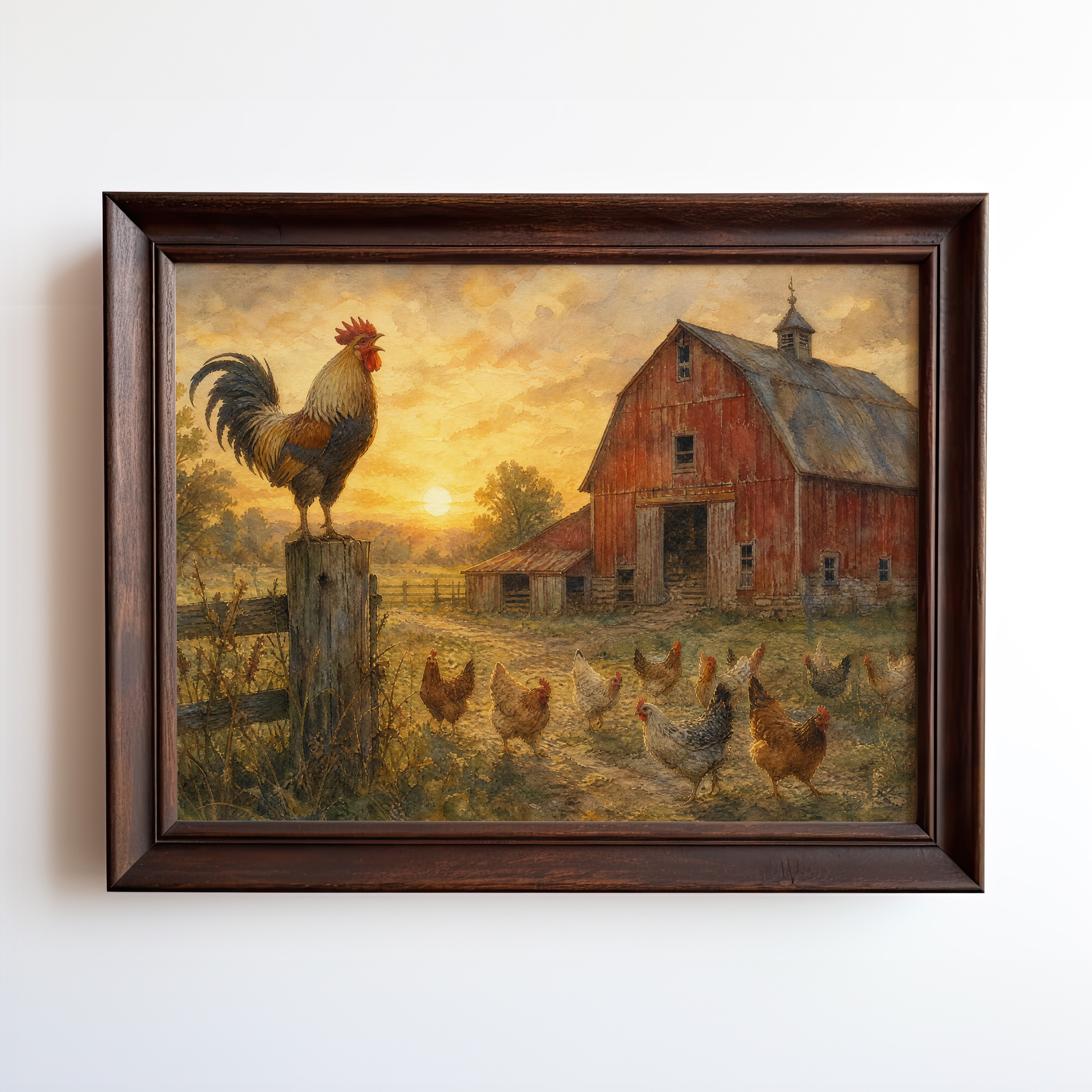 Oil painting of a rooster crowing at sunrise over a weathered red barn farmyard