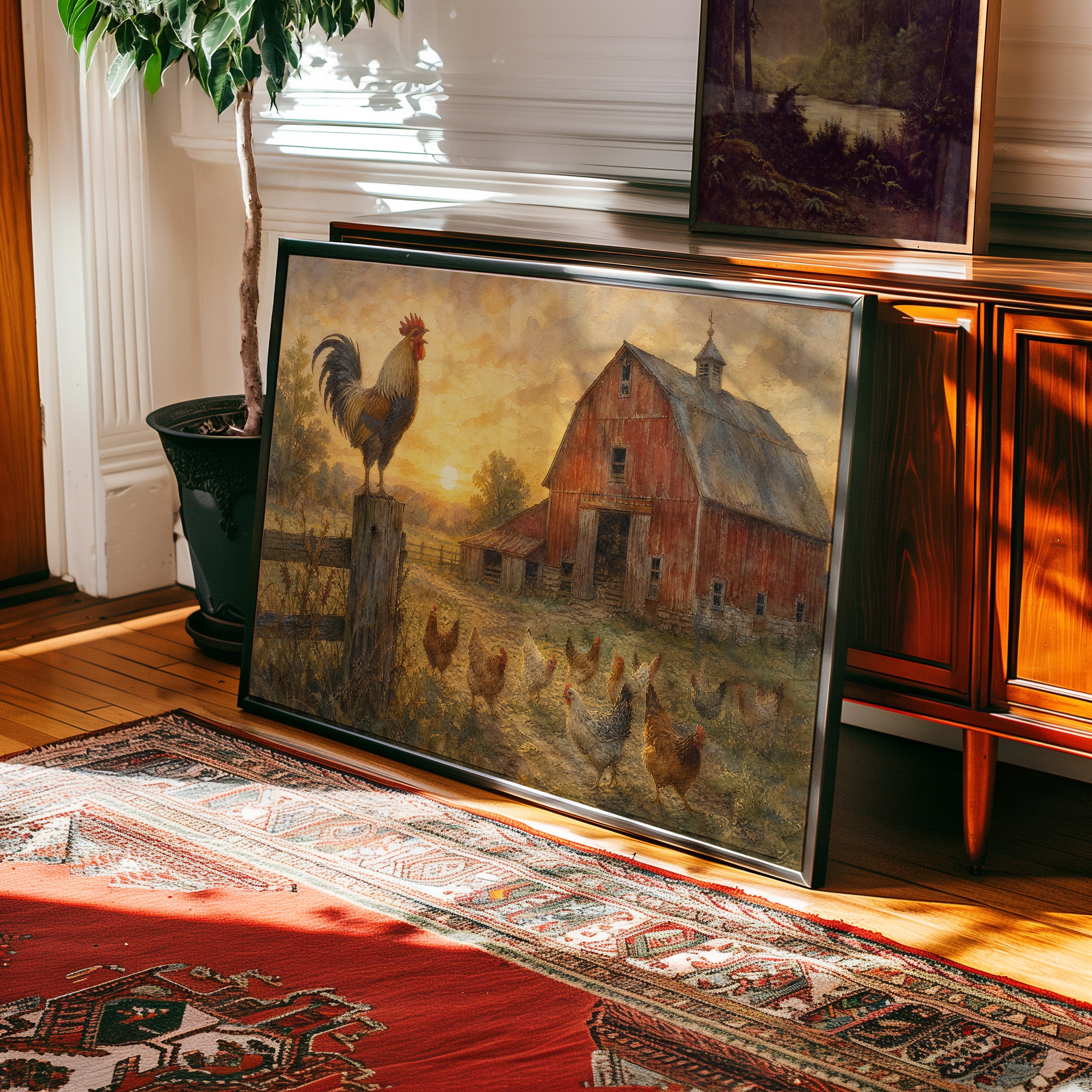 Oil painting of a rooster crowing at sunrise over a weathered red barn farmyard — view 2
