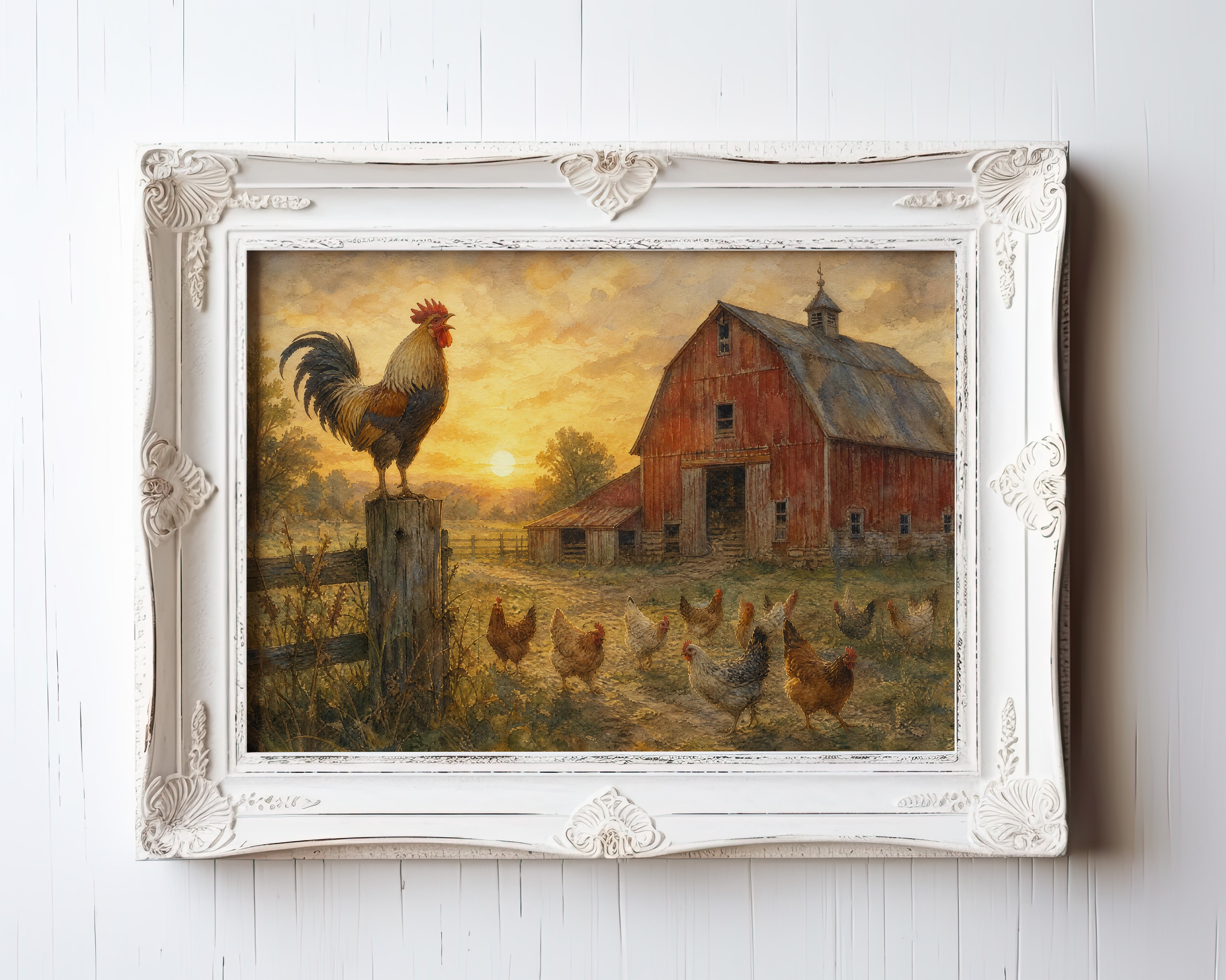 Oil painting of a rooster crowing at sunrise over a weathered red barn farmyard — view 3