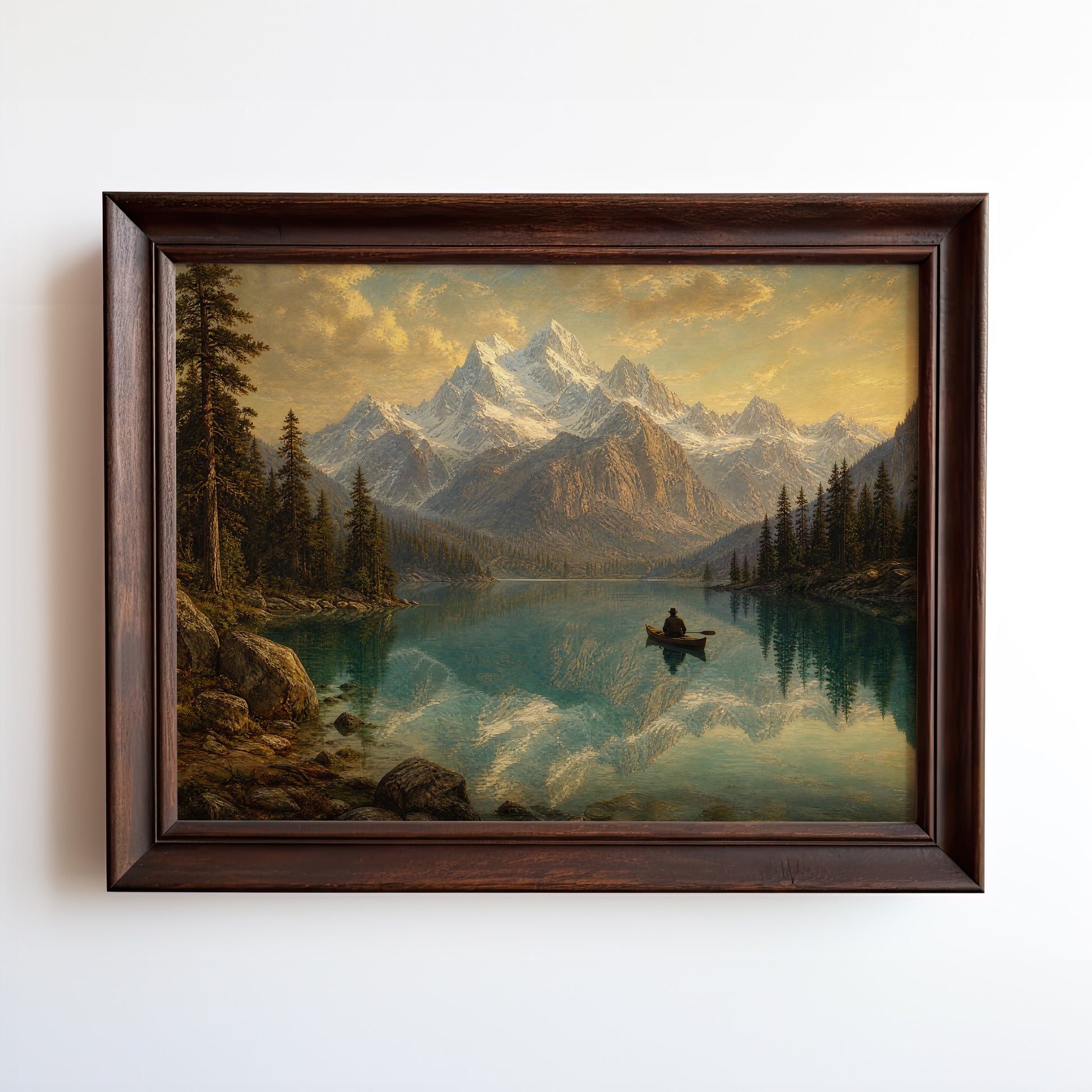 Oil painting of a solitary boatman rowing across a mirror-still alpine lake beneath snow-capped peaks