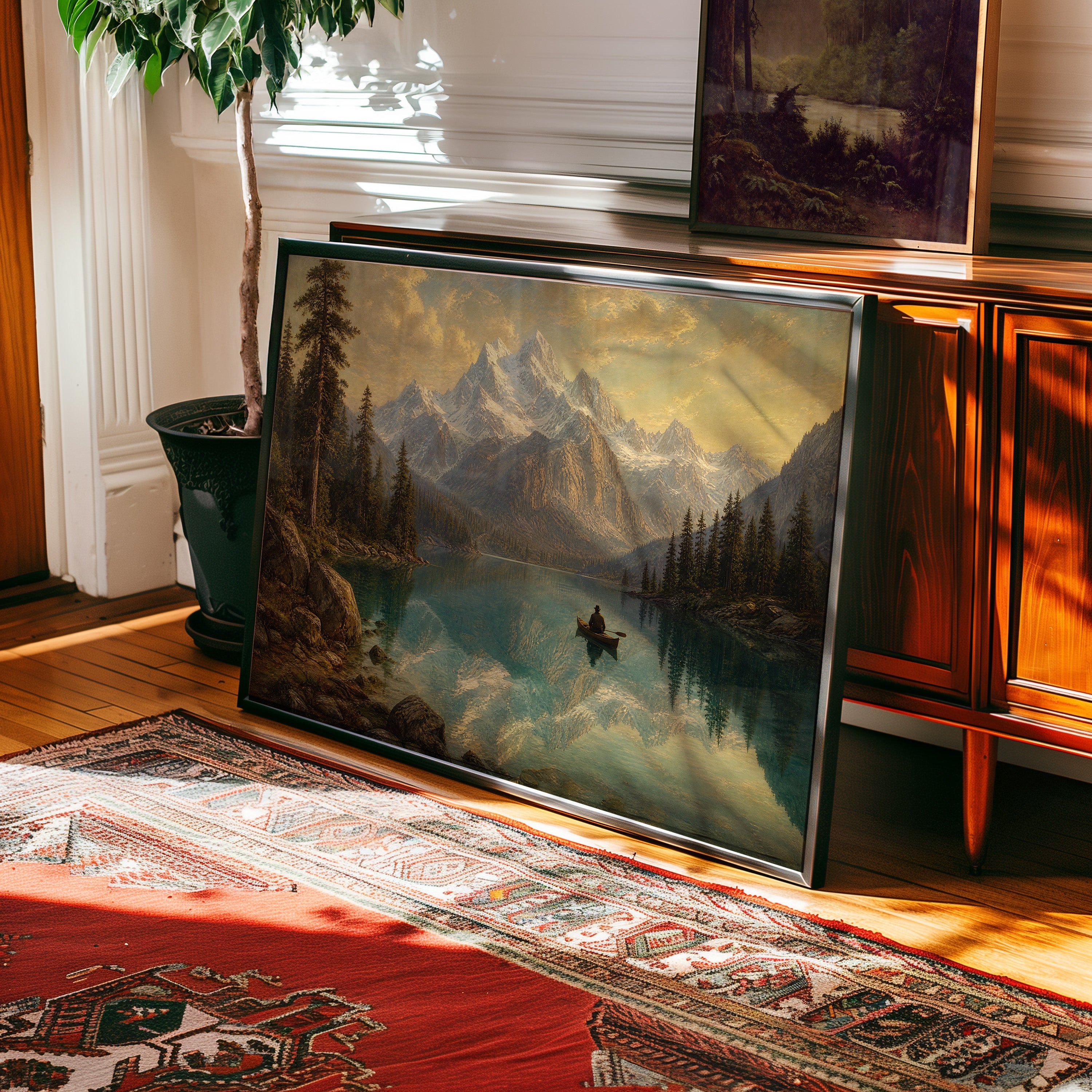 Oil painting of a solitary boatman rowing across a mirror-still alpine lake beneath snow-capped peaks — view 2
