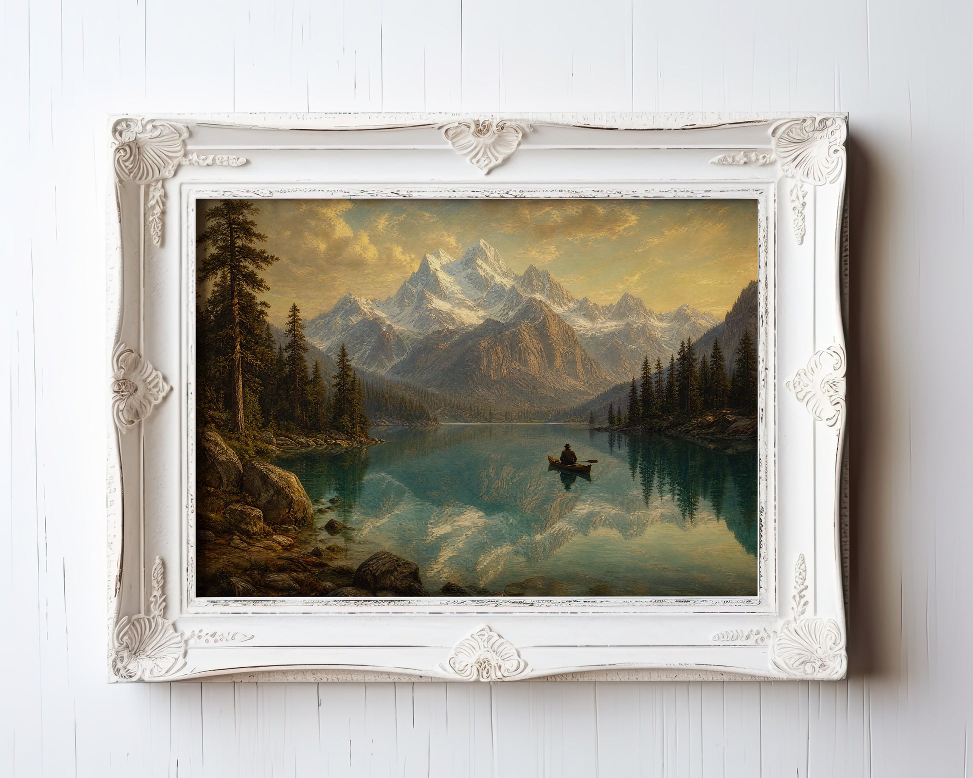Oil painting of a solitary boatman rowing across a mirror-still alpine lake beneath snow-capped peaks — view 3