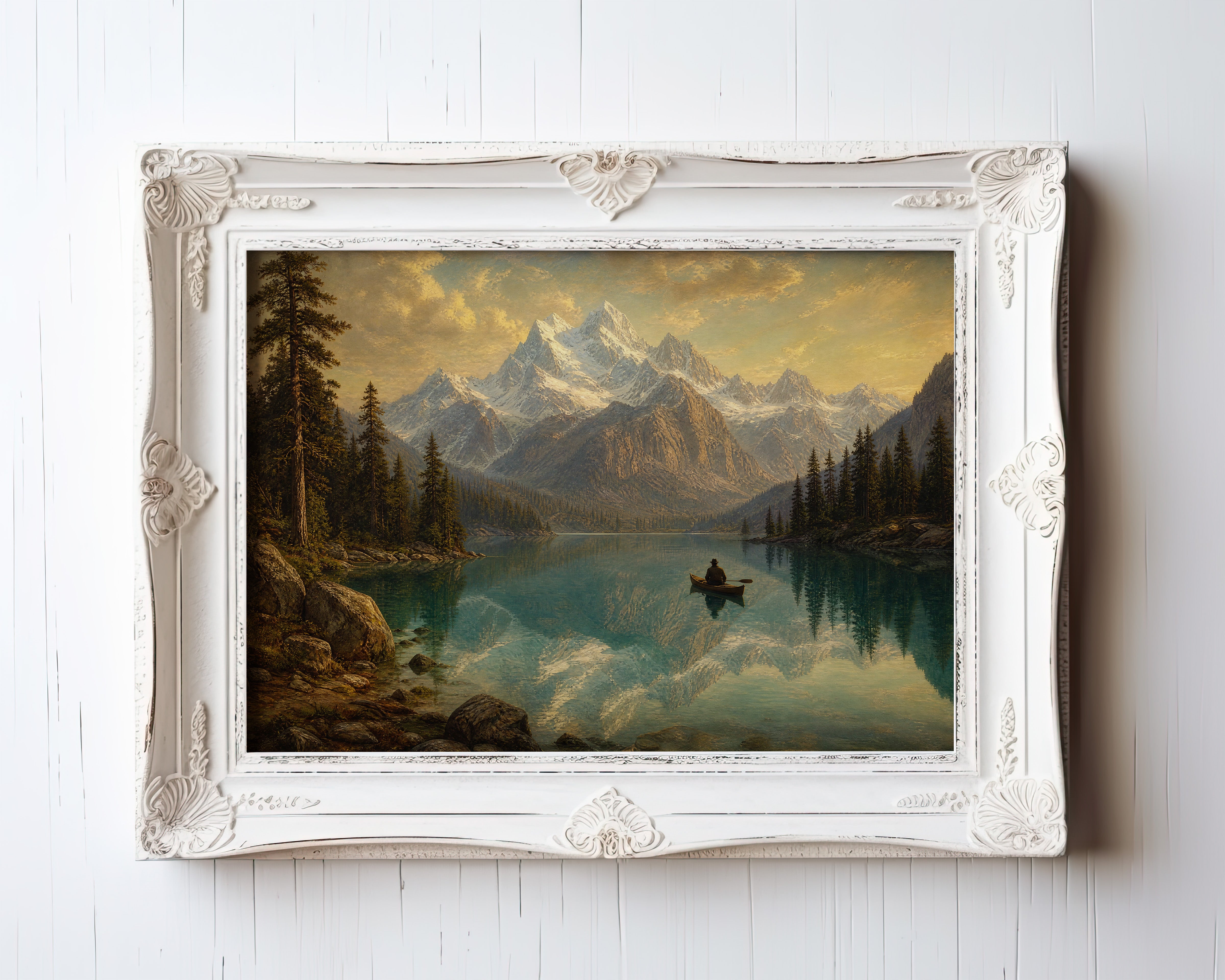 Oil painting of a solitary boatman rowing across a mirror-still alpine lake beneath snow-capped peaks — view 3