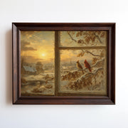 Two cardinals on a frosted branch at golden sunrise, oil-style winter wall art