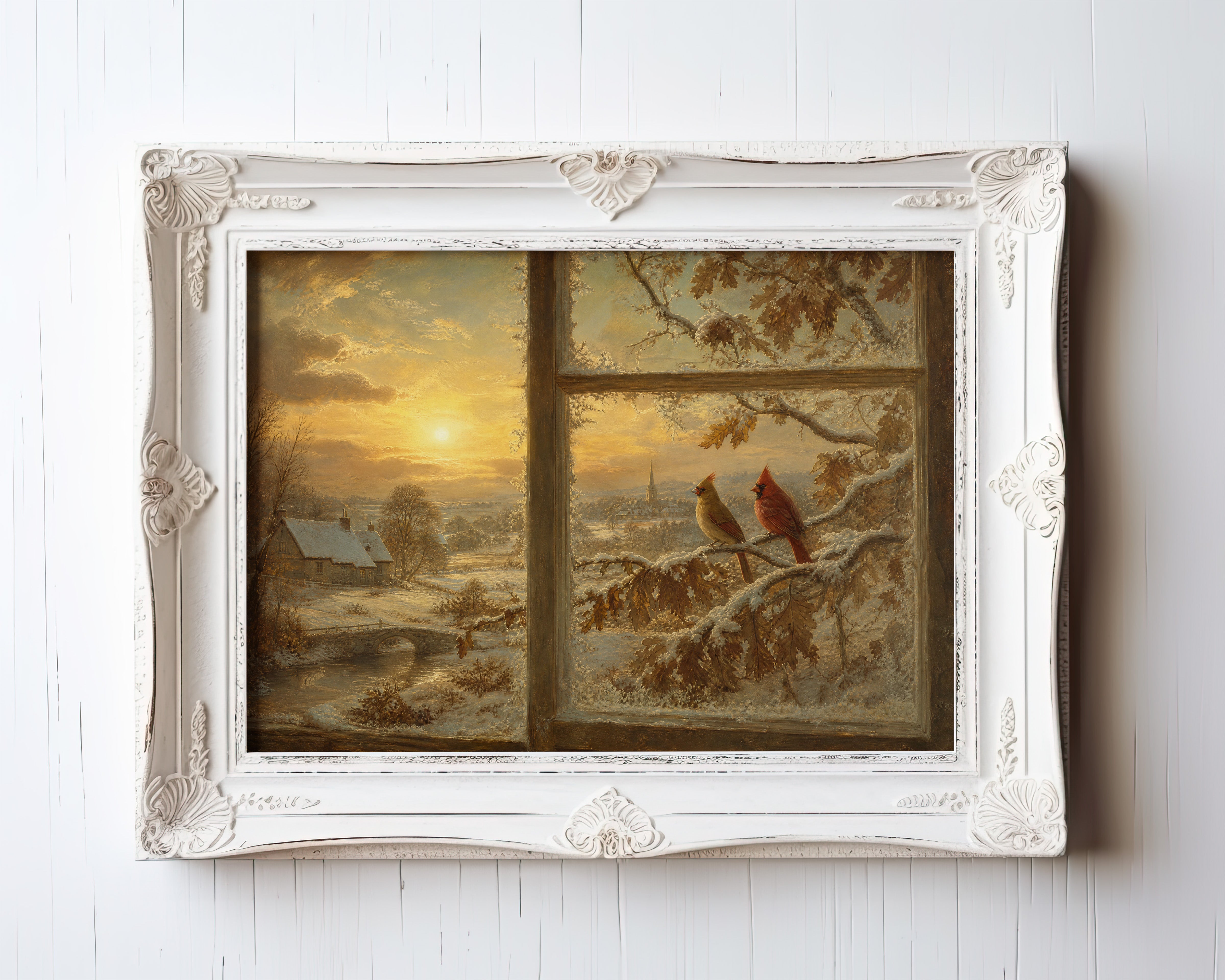 Two cardinals on a frosted branch at golden sunrise, oil-style winter wall art — view 3