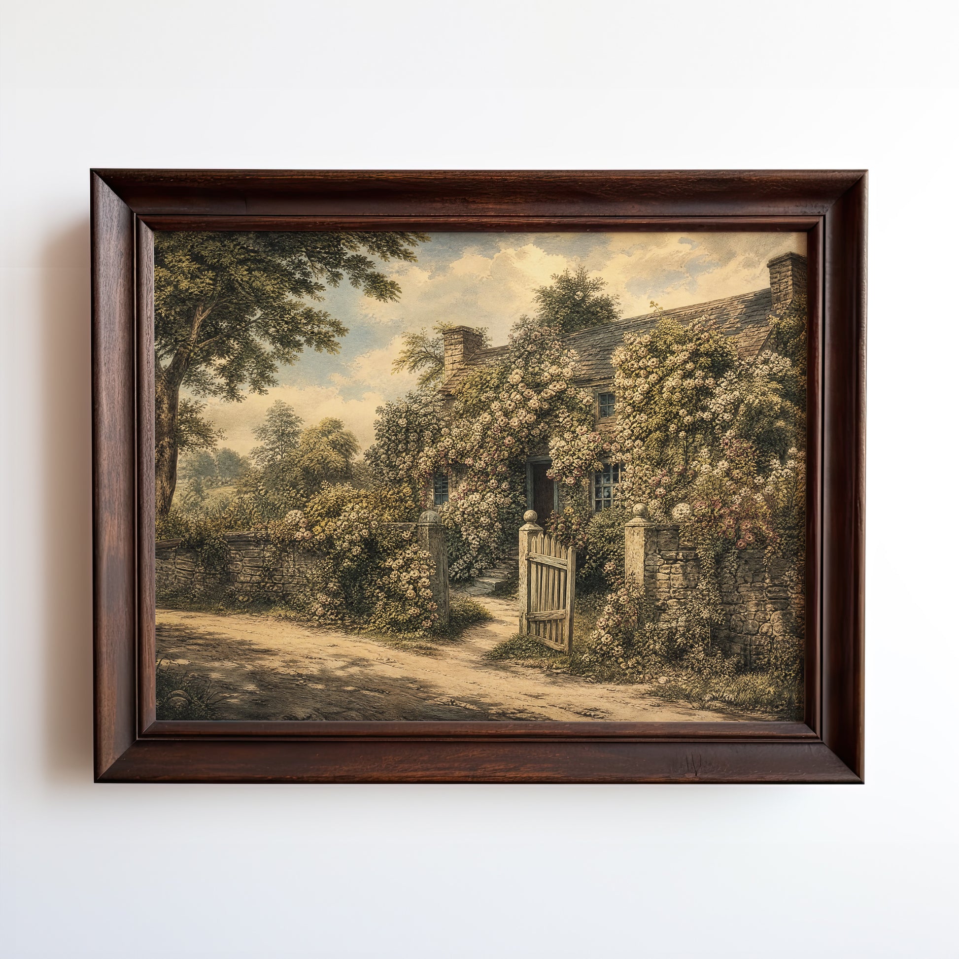 Botanical illustration of an ivy-covered stone cottage under golden light
