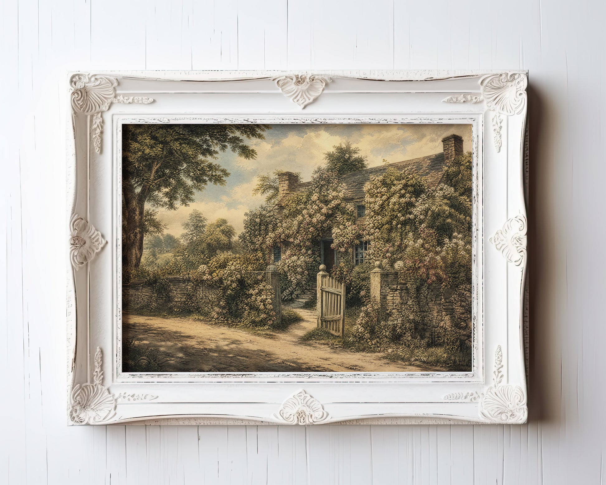 Botanical illustration of an ivy-covered stone cottage under golden light — view 3