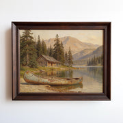 Oil painting of log cabin and copper canoe on mountain lake at golden hour