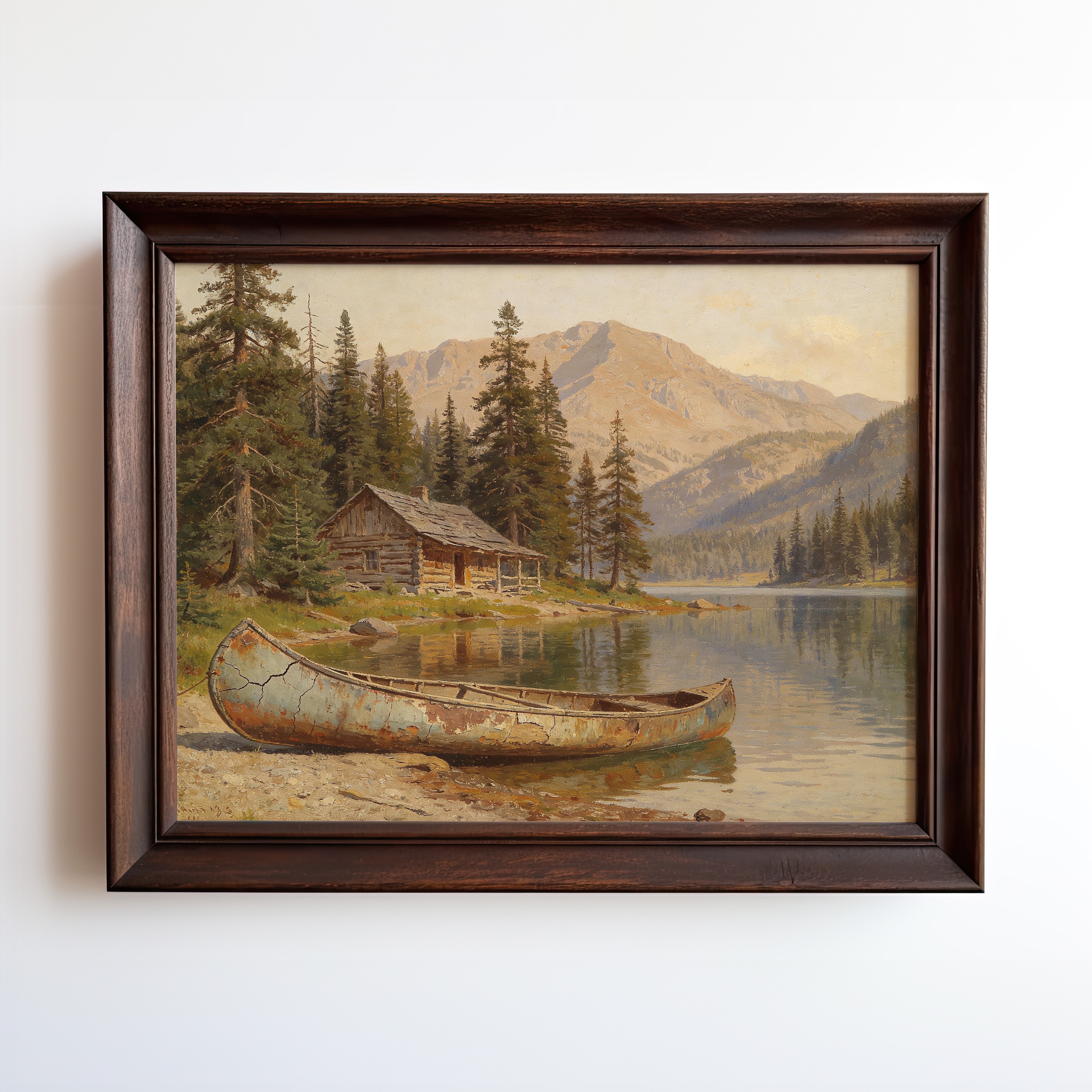 Oil painting of log cabin and copper canoe on mountain lake at golden hour