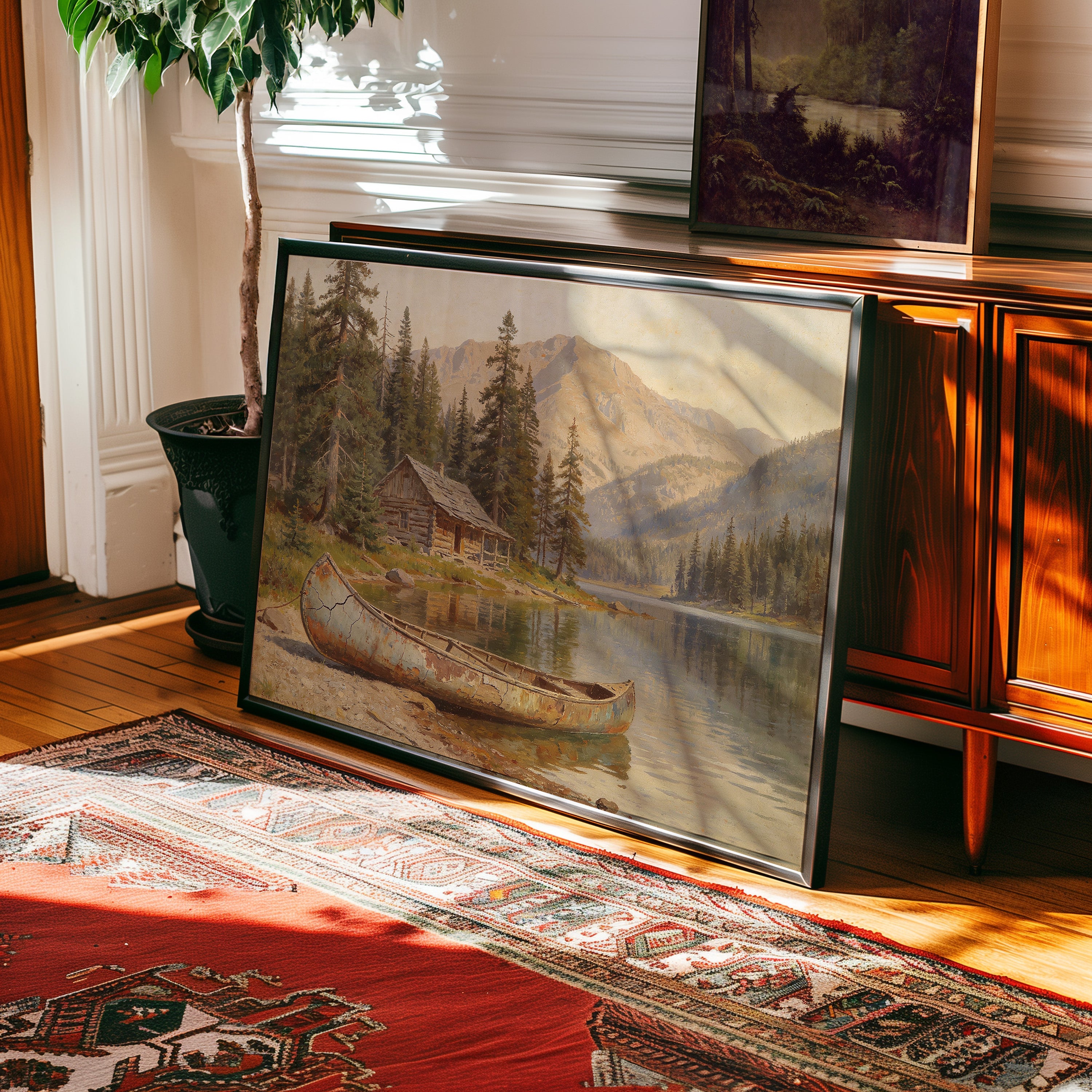 Oil painting of log cabin and copper canoe on mountain lake at golden hour — view 2