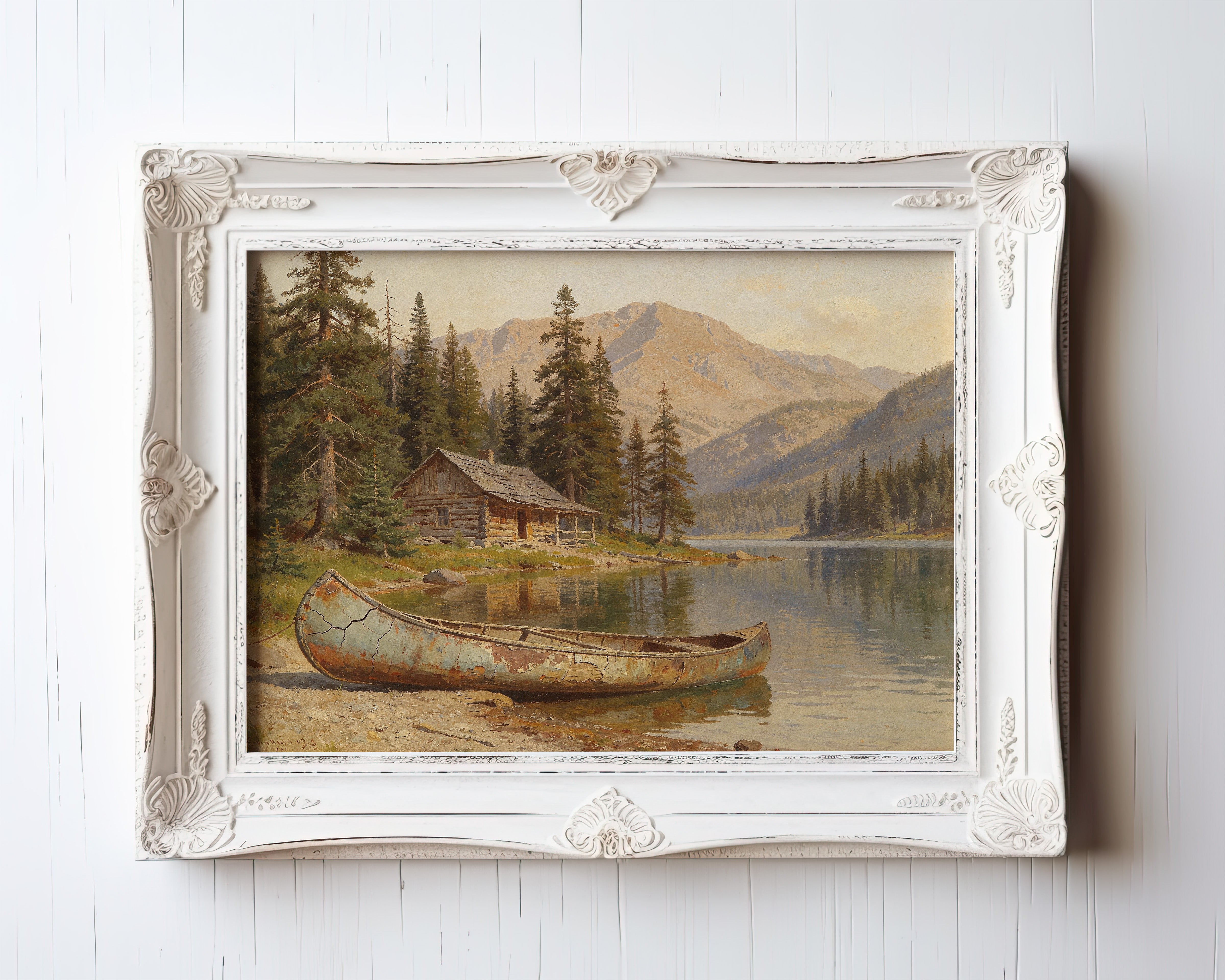 Oil painting of log cabin and copper canoe on mountain lake at golden hour — view 3