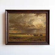 Oil painting print of a cattle herd crossing a prairie under storm clouds and lightning