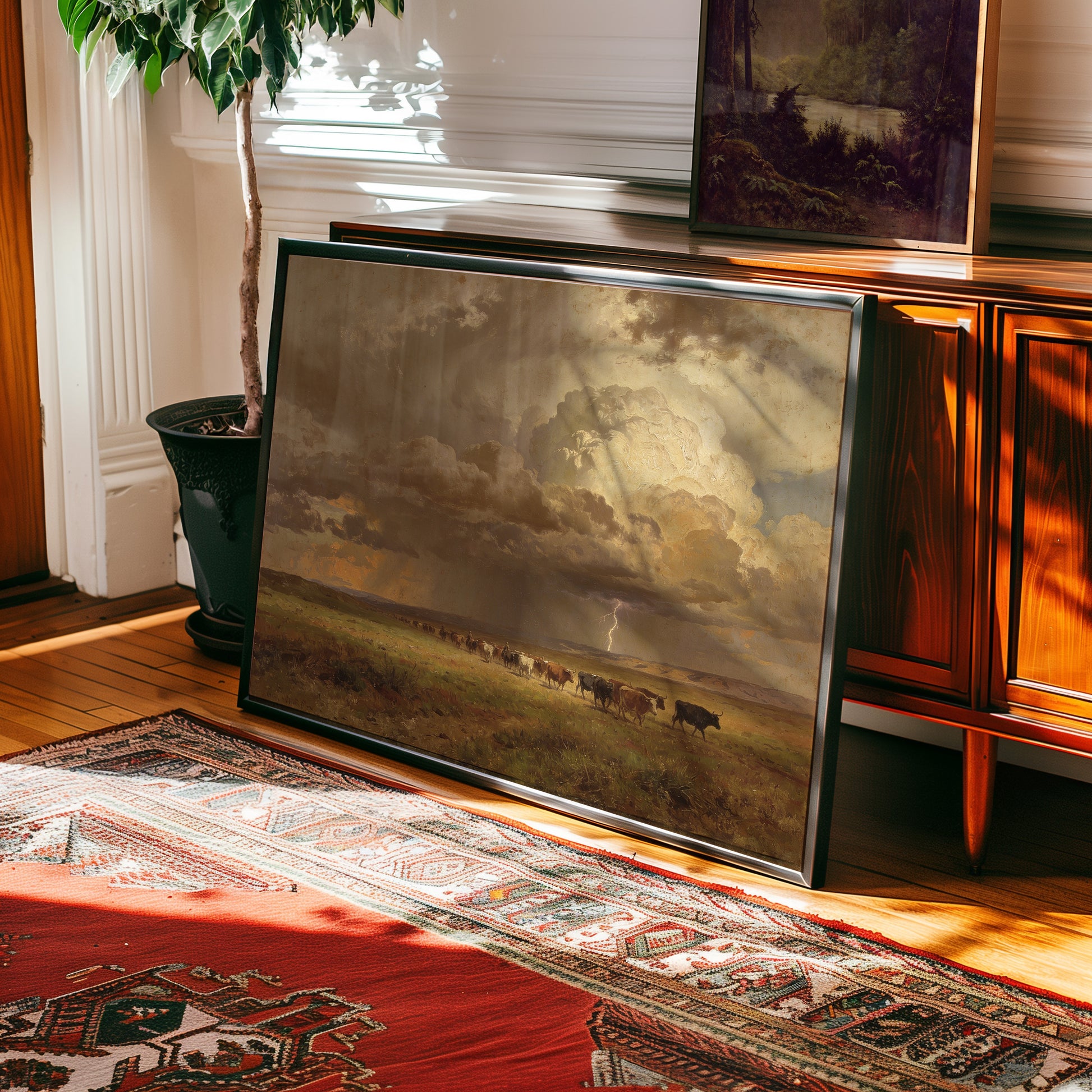 Oil painting print of a cattle herd crossing a prairie under storm clouds and lightning — view 2