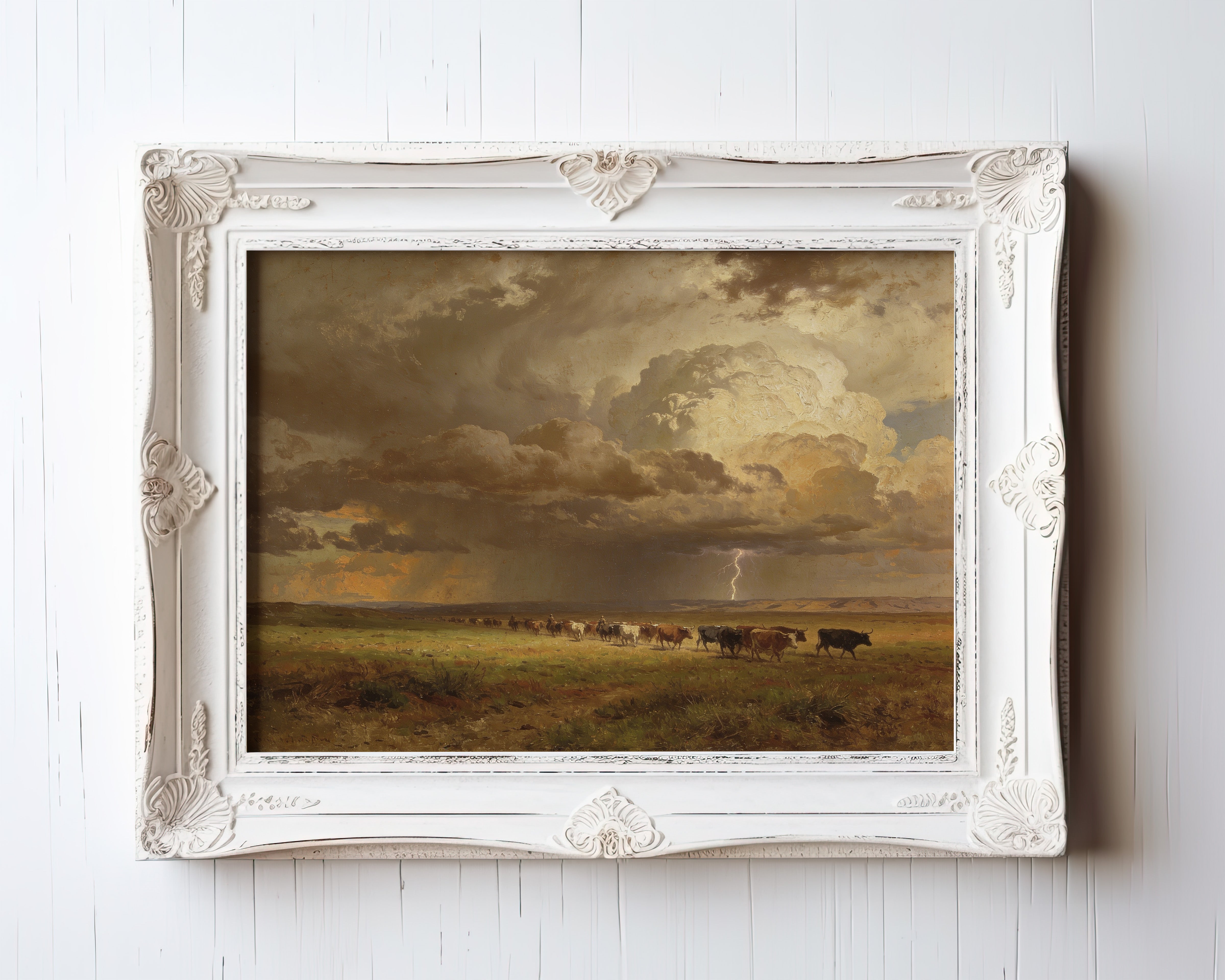 Oil painting print of a cattle herd crossing a prairie under storm clouds and lightning — view 3