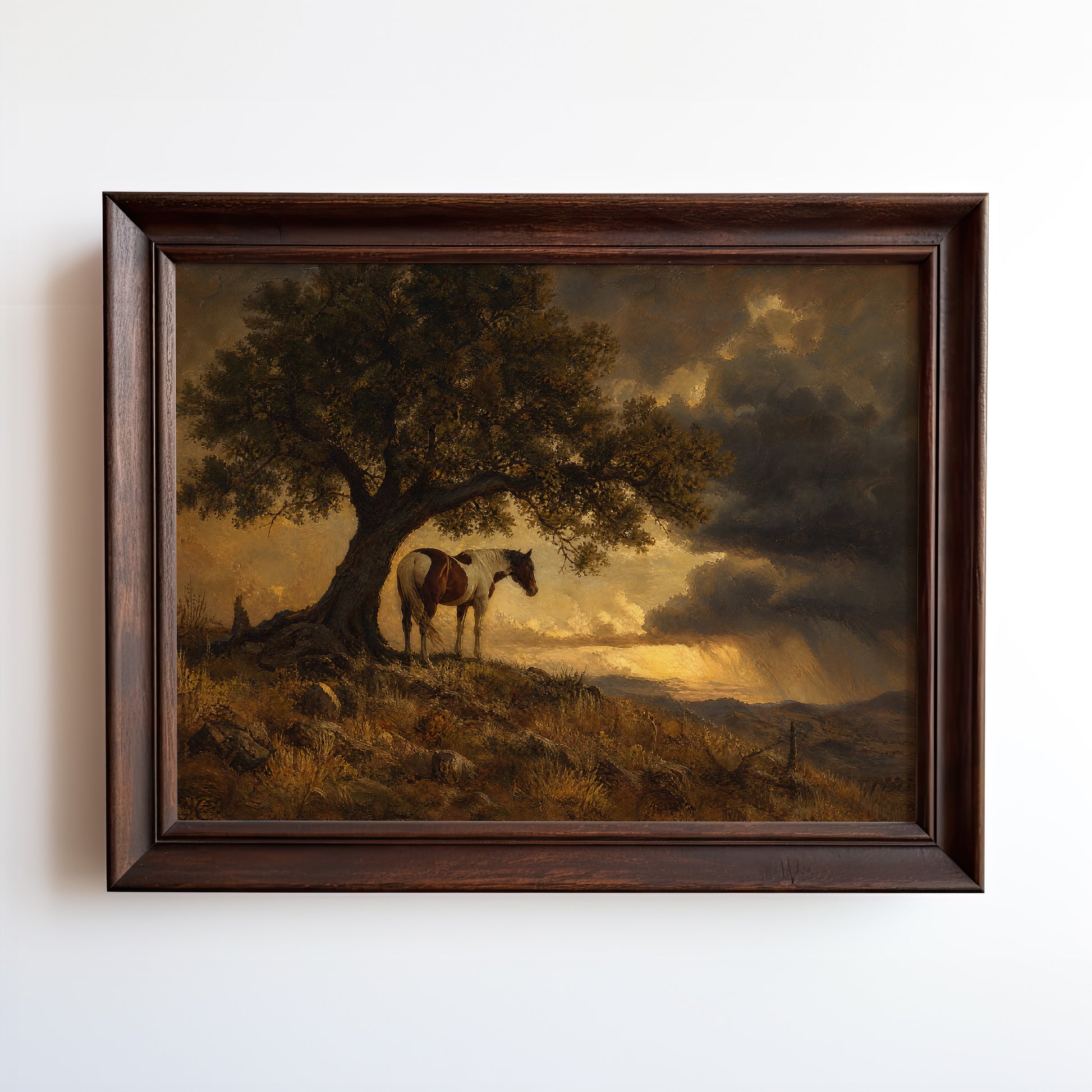 Oil painting of a lone cowboy and horse sheltering beneath a twisted oak at golden hour
