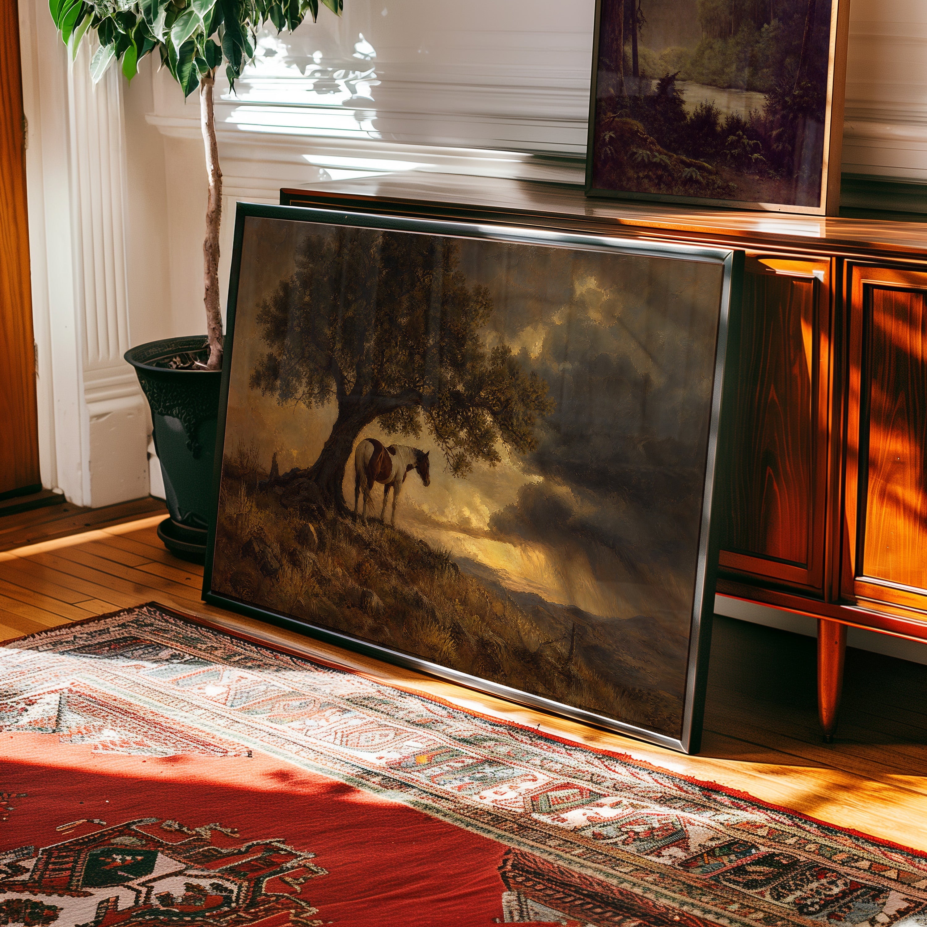 Oil painting of a lone cowboy and horse sheltering beneath a twisted oak at golden hour — view 2