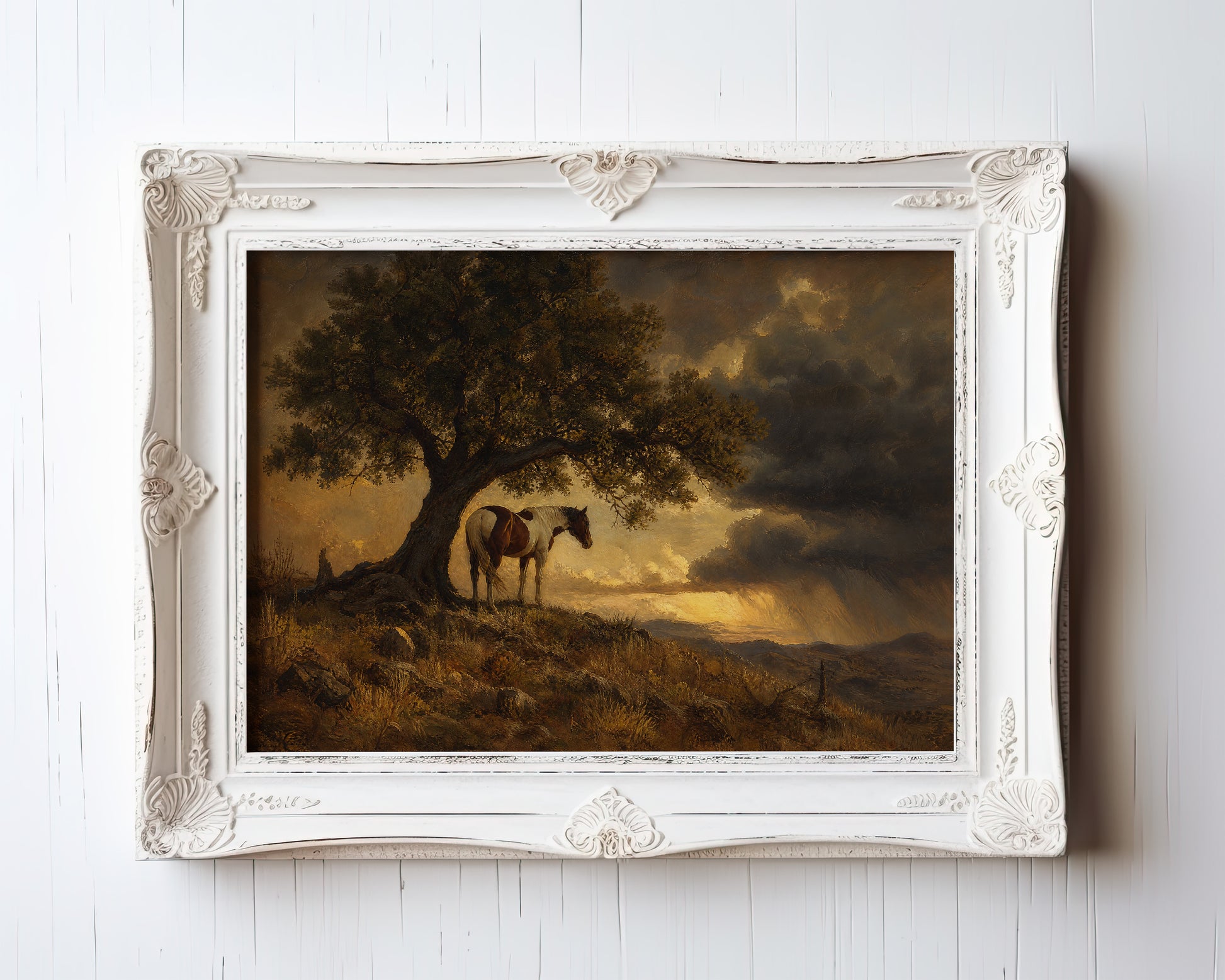 Oil painting of a lone cowboy and horse sheltering beneath a twisted oak at golden hour — view 3